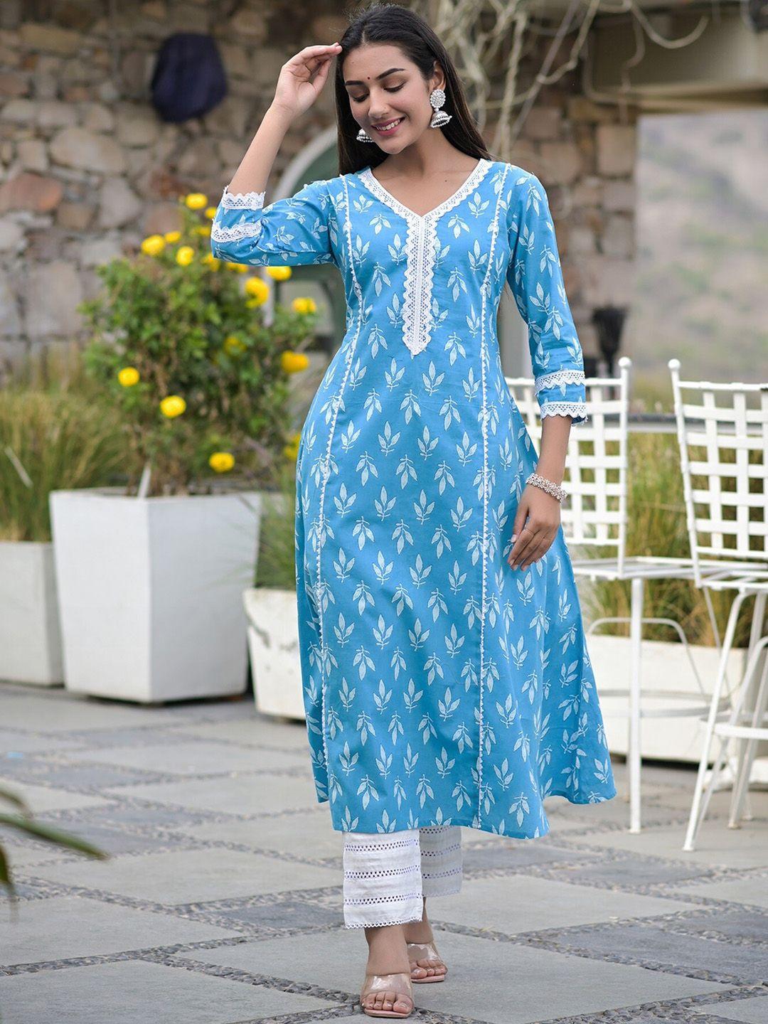 hatheli floral printed v-neck cotton a-line kurta