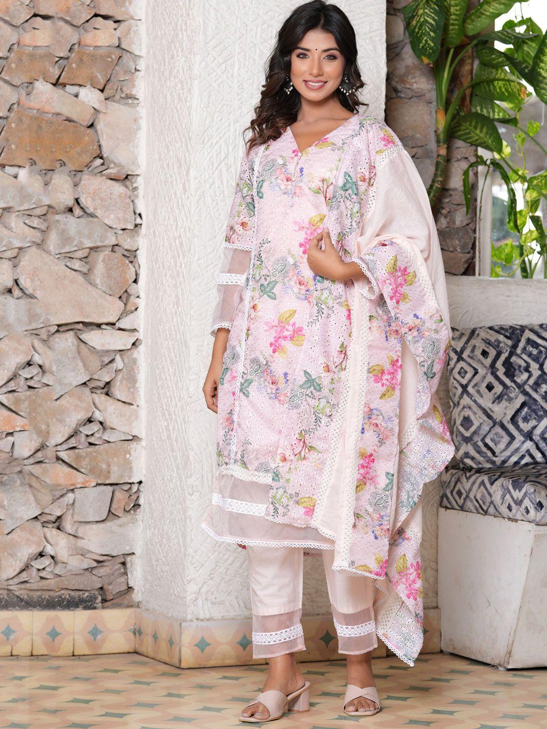 hatheli floral printed v-neck straight kurta with trousers & dupatta