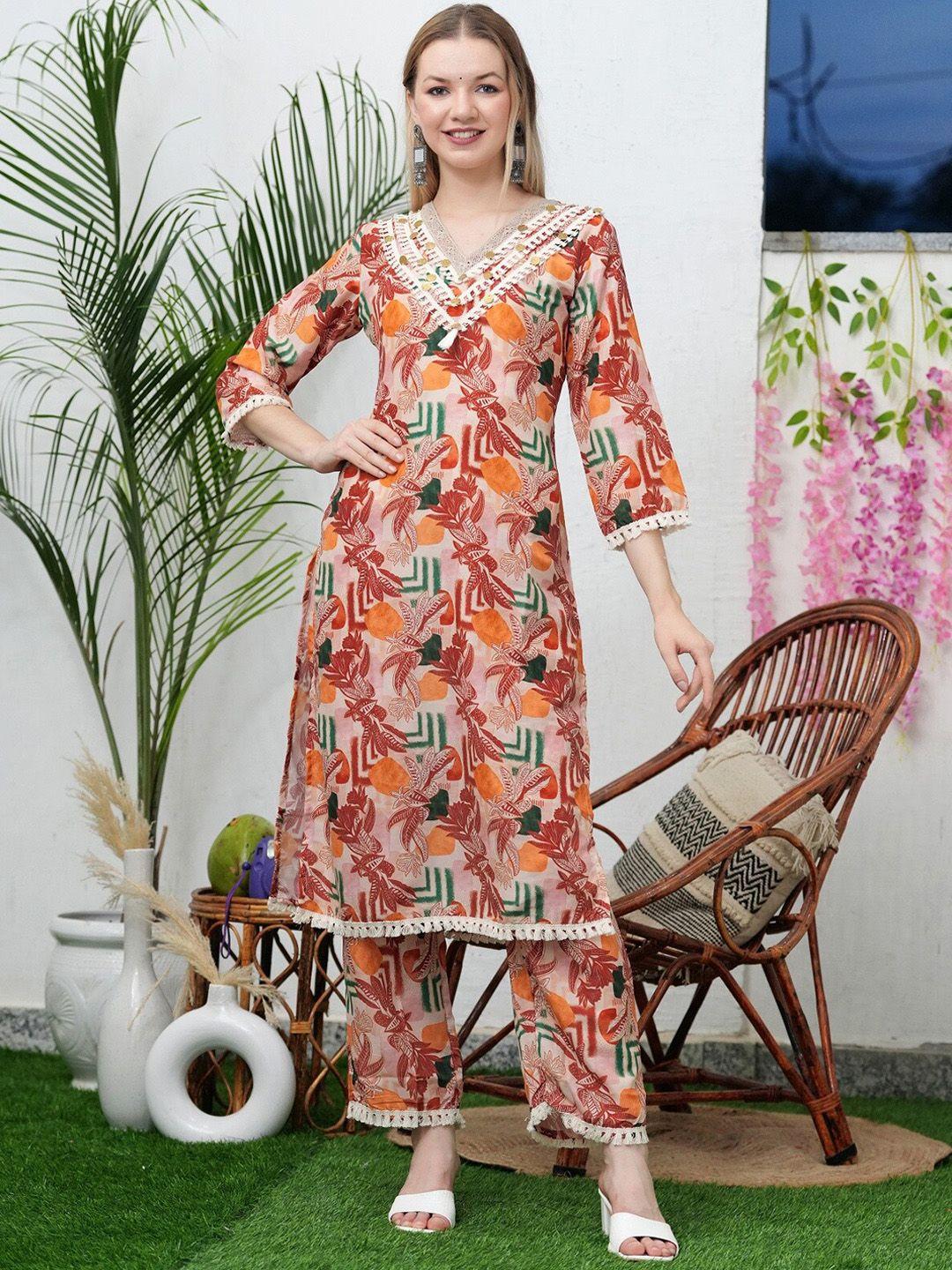 hatheli floral printed v-neck thread work kurta with trousers
