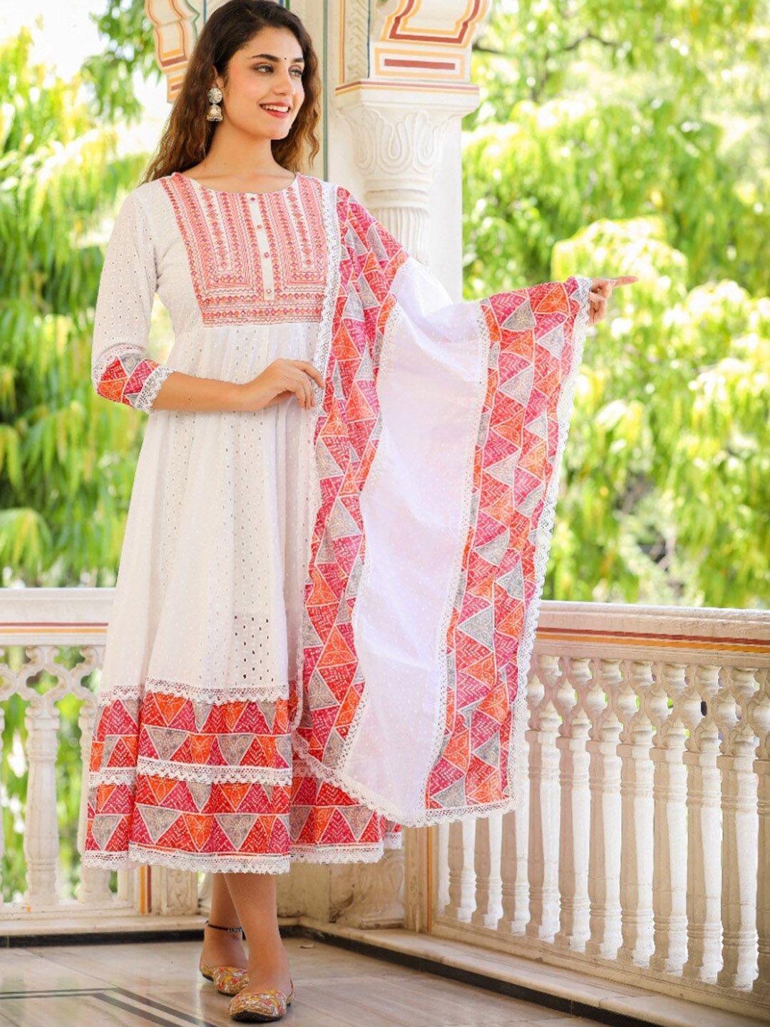 hatheli floral schiflli mirror work fit & flare midi cotton ethnic dress & dupatta