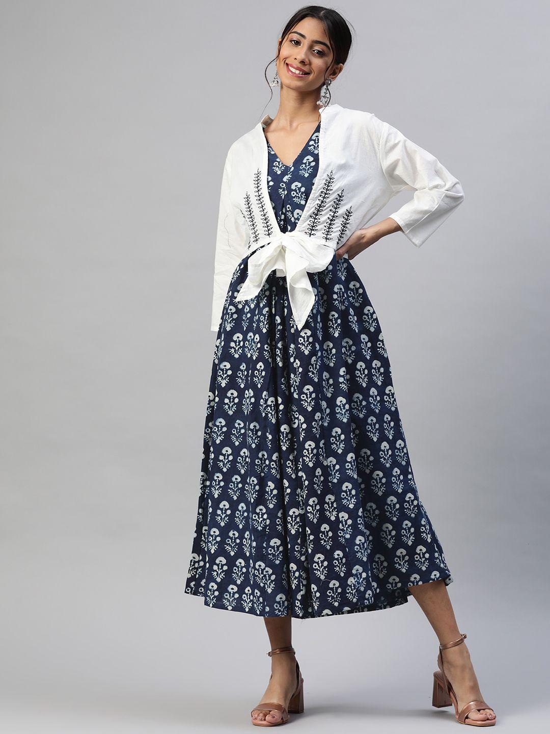 hatheli indigo blue motifs cotton a-line midi dress with shrug