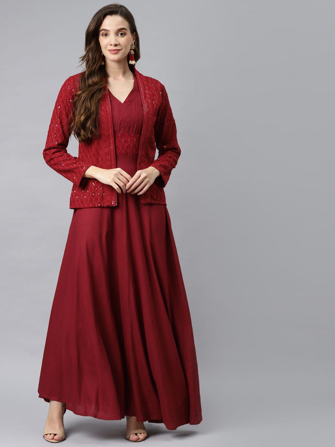 hatheli maroon embroidered detail ethnic maxi dress with jacket