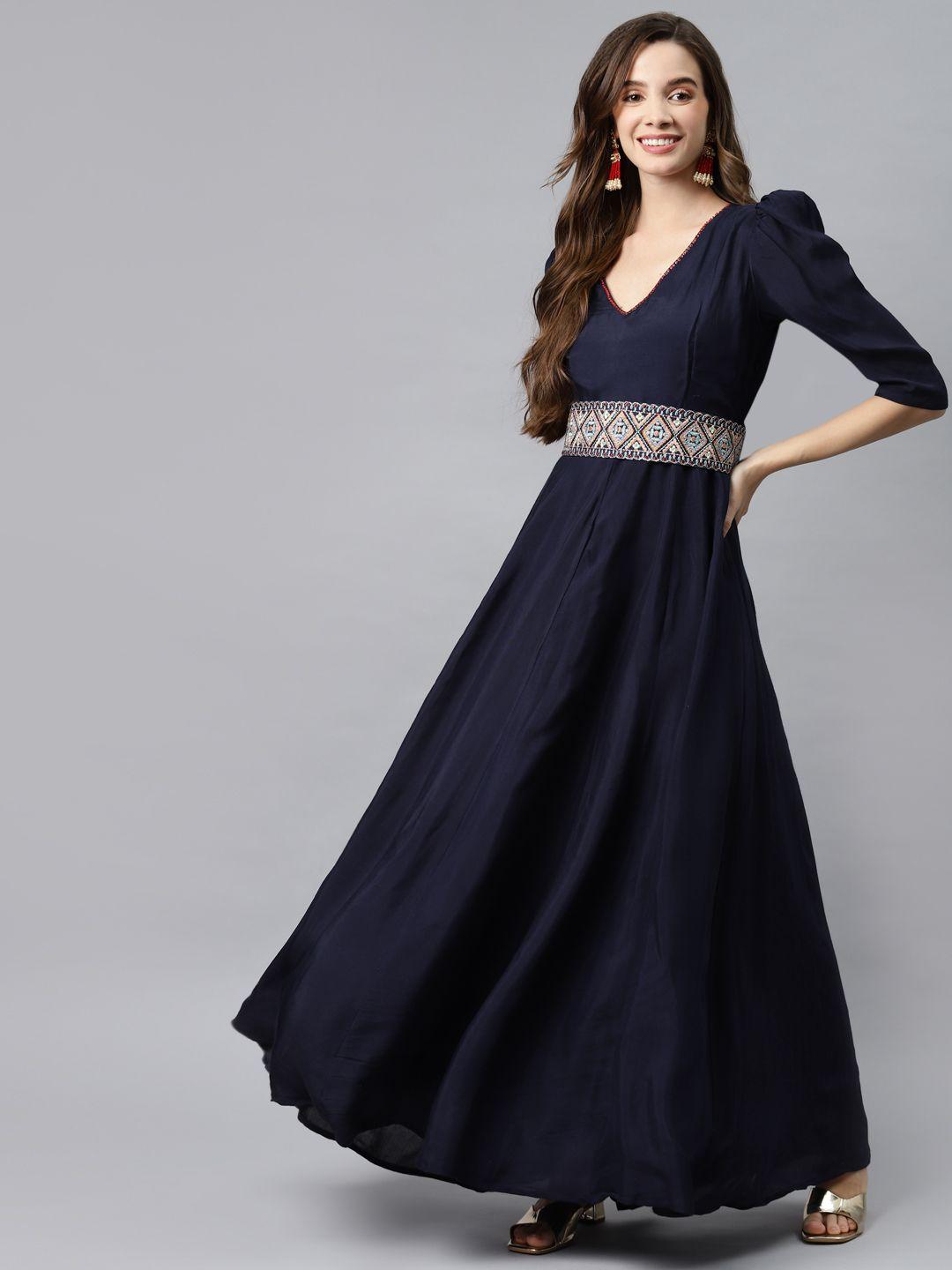 hatheli navy blue satin ethnic maxi dress with embroidered belt