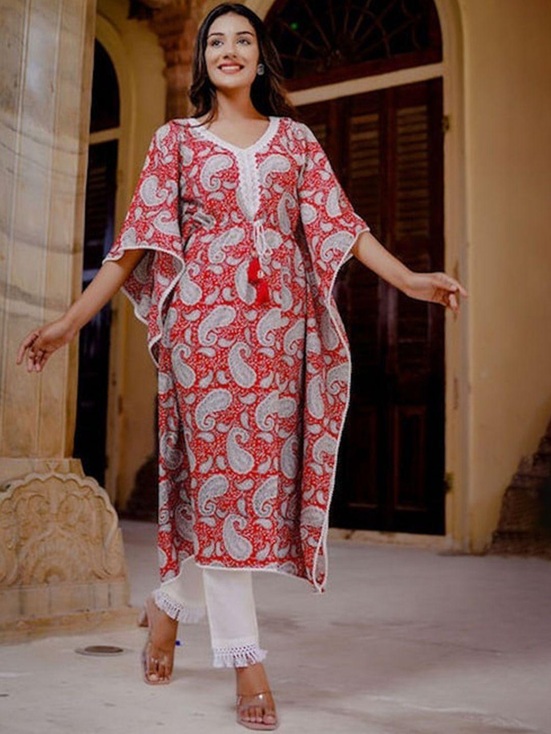 hatheli paisley printed kaftan pure cotton kurta with trousers