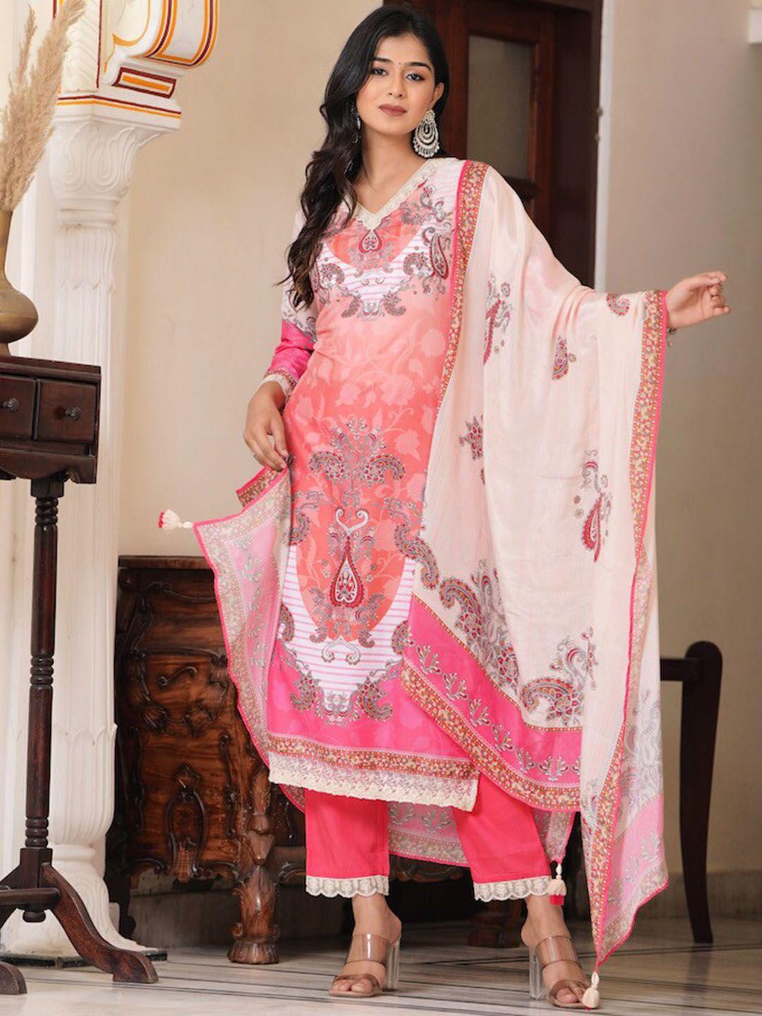 hatheli paisley printed straight kurta with trousers & dupatta