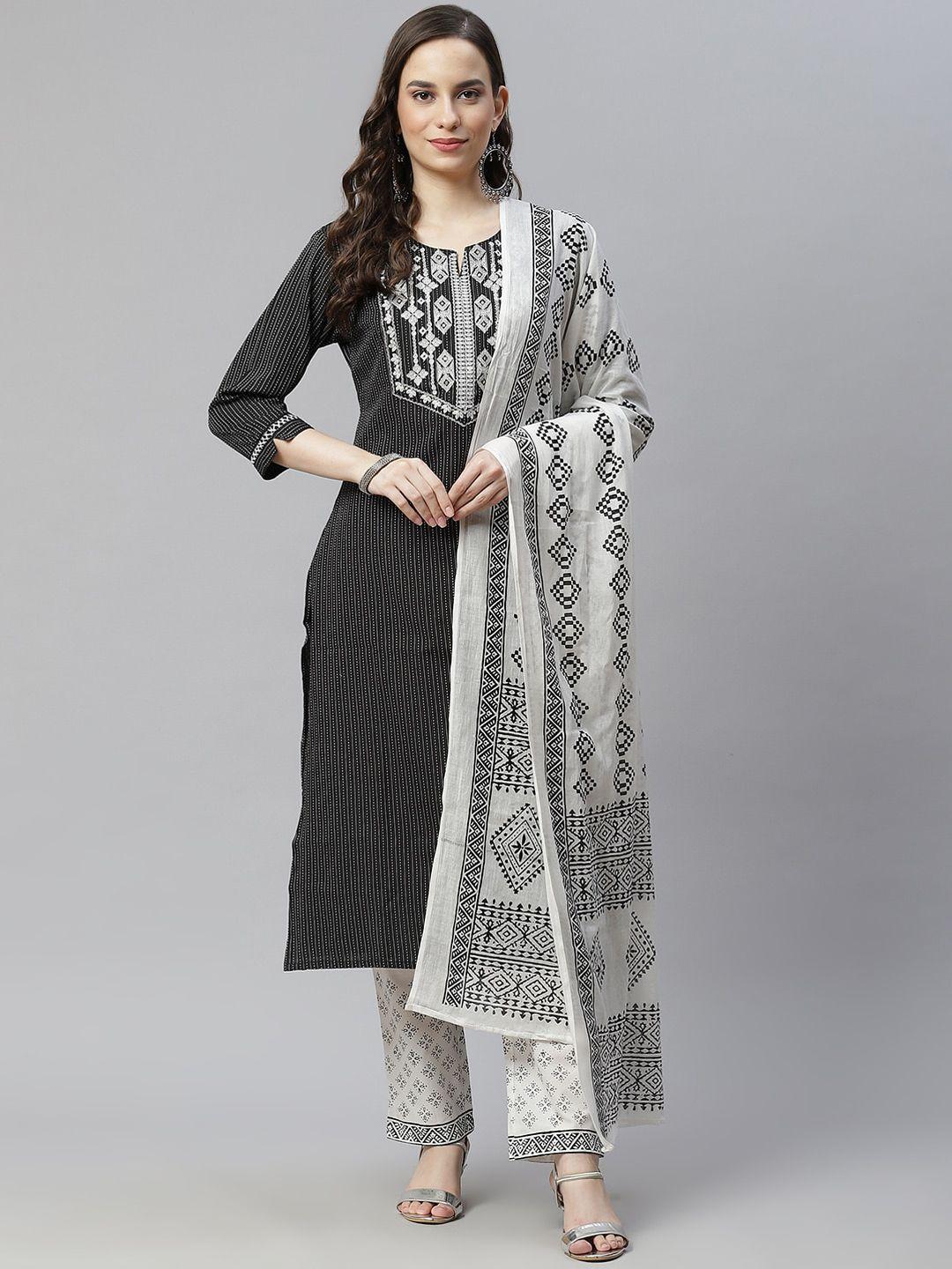 hatheli striped printed yoke design thread work pure cotton straight kurta with trousers