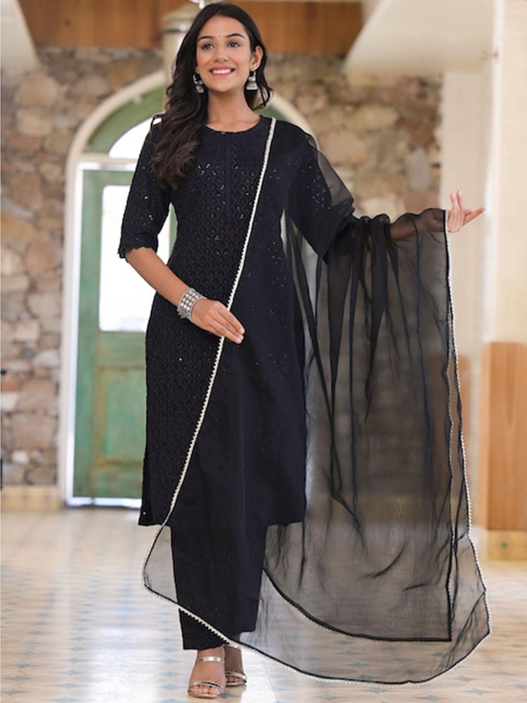 hatheli women black embroidered regular sequinned kurta with trousers & with dupatta