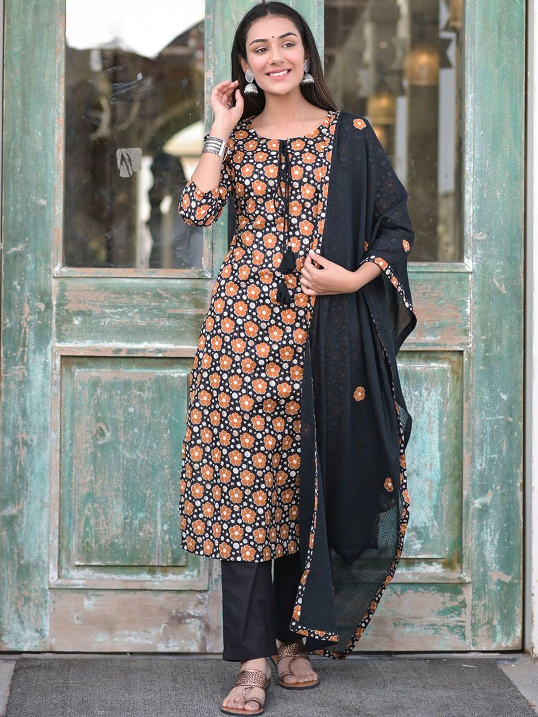 hatheli women black floral printed regular sequinned pure cotton kurta with trousers & with dupatta