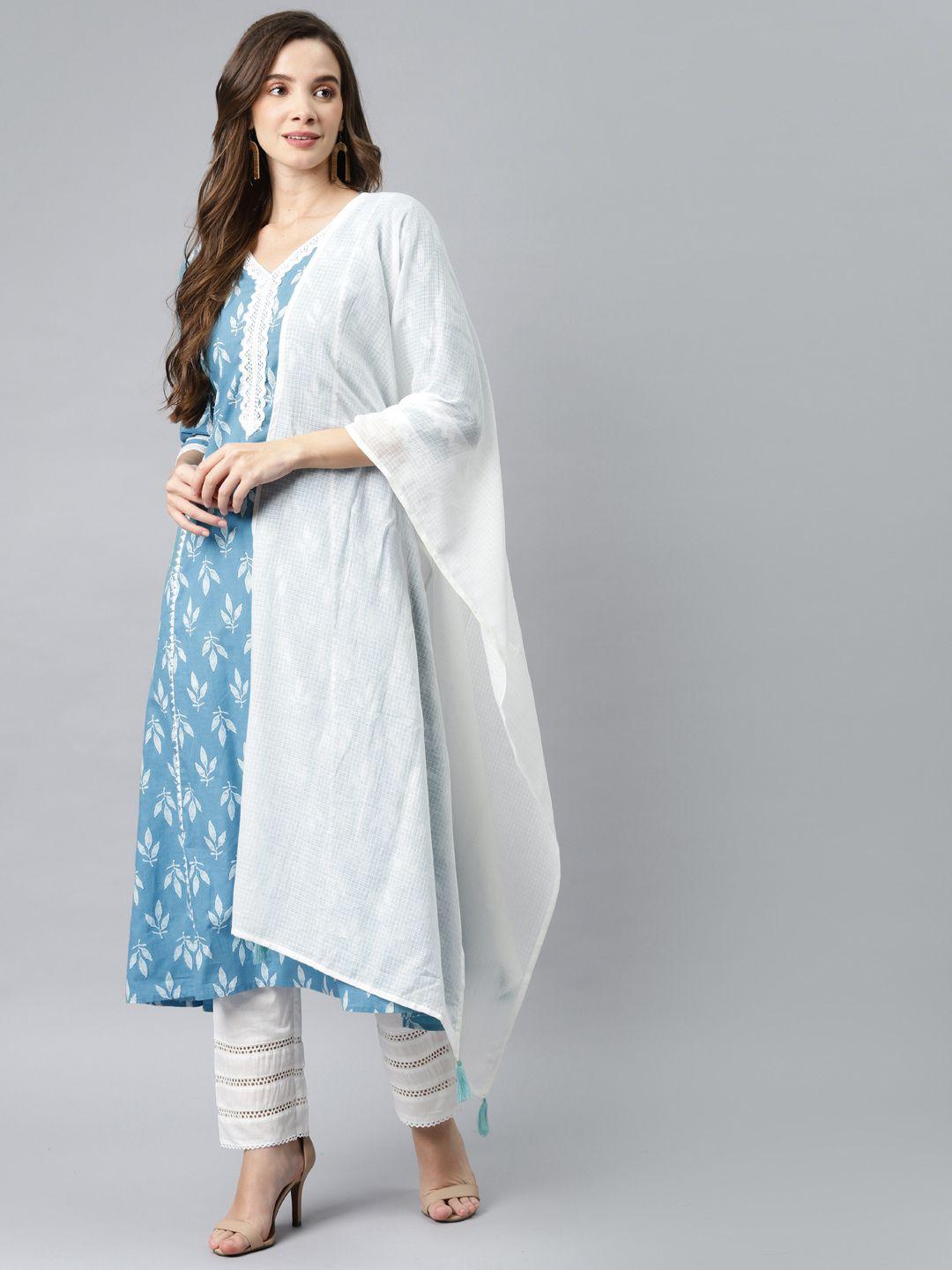 hatheli women blue ethnic motifs printed pure cotton kurta with trousers & dupatta