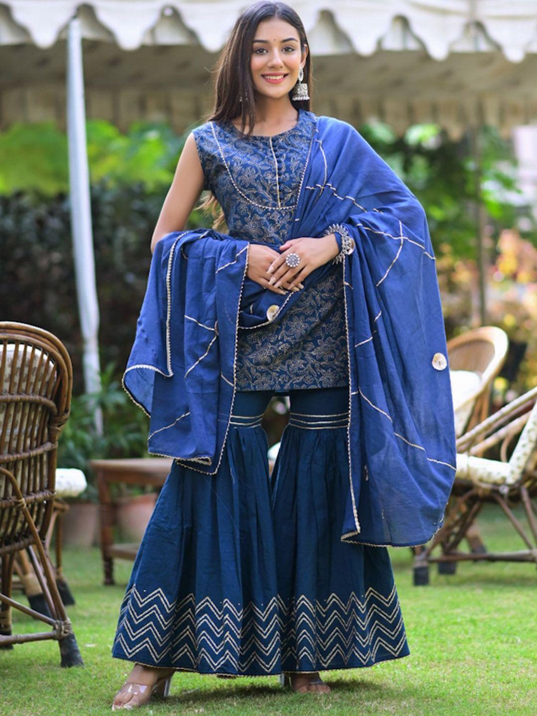 hatheli women blue ethnic motifs printed pure cotton kurti with sharara & with dupatta