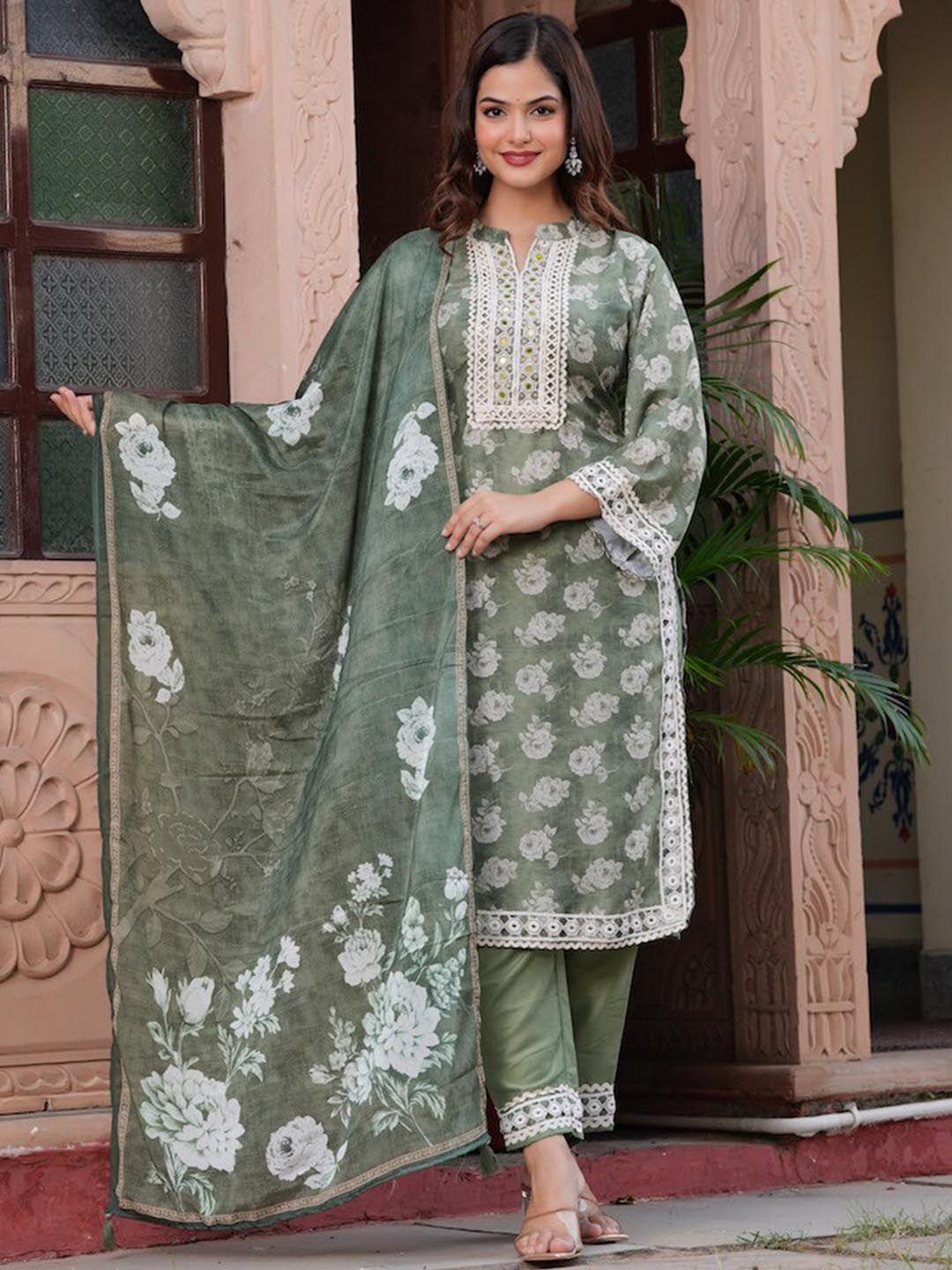 hatheli women green ethnic motifs embroidered regular thread work pure silk kurta with trousers & with