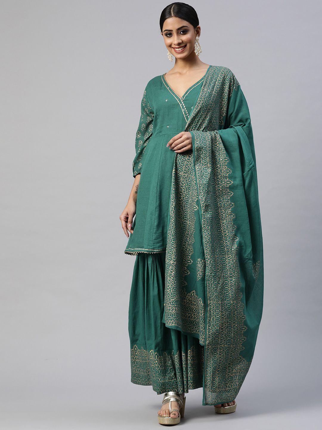 hatheli women green ethnic motifs printed angrakha sequinned pure cotton kurti with sharara & with dupatta