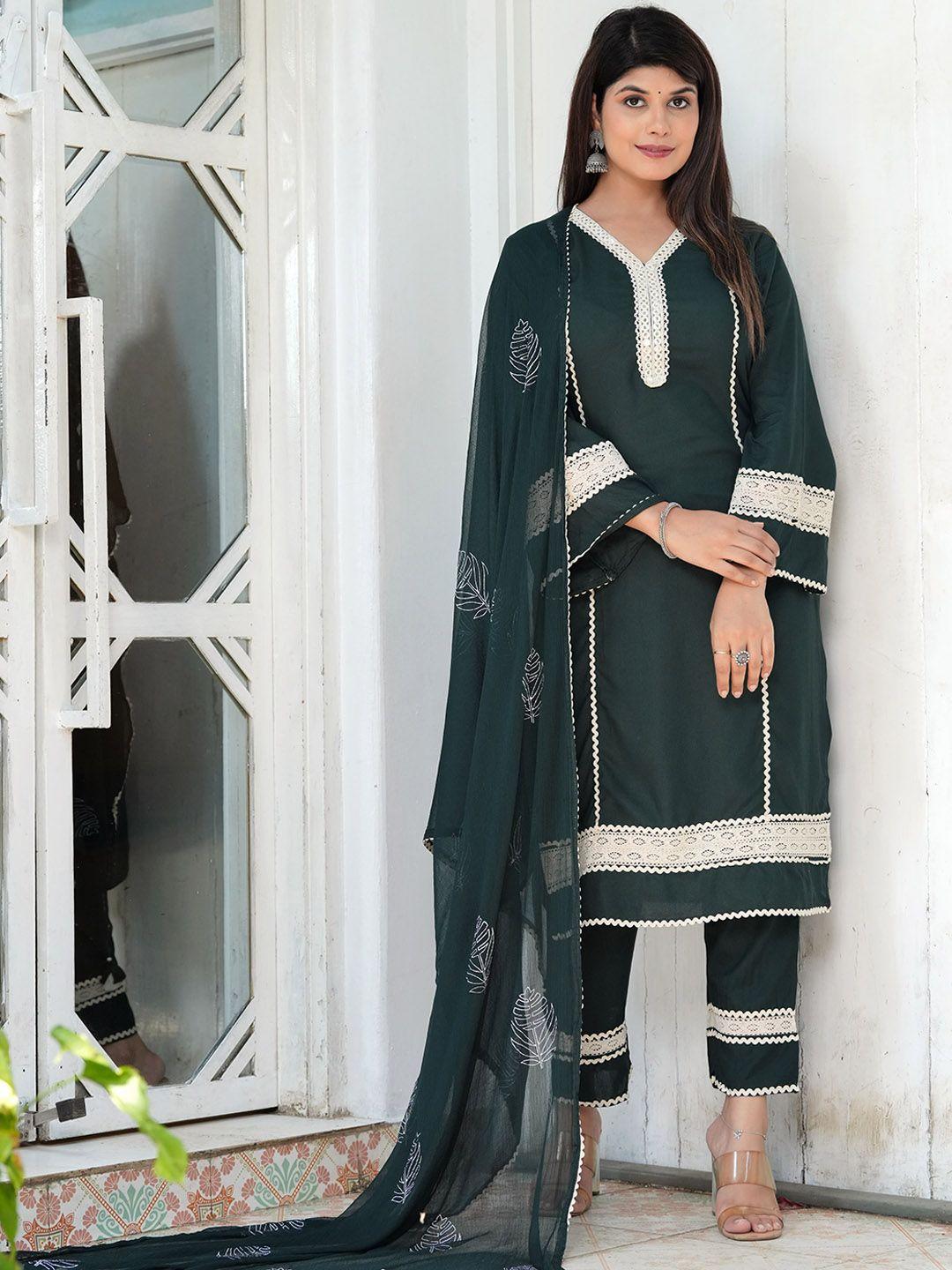 hatheli women green ethnic motifs regular thread work kurta with trousers & with dupatta