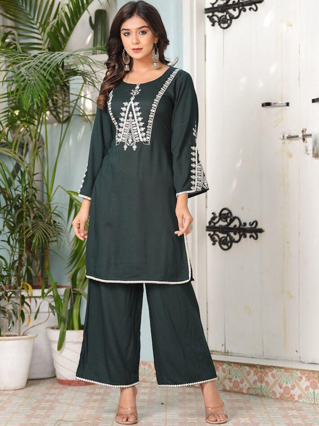 hatheli women green ethnic motifs regular zardozi kurta with palazzos