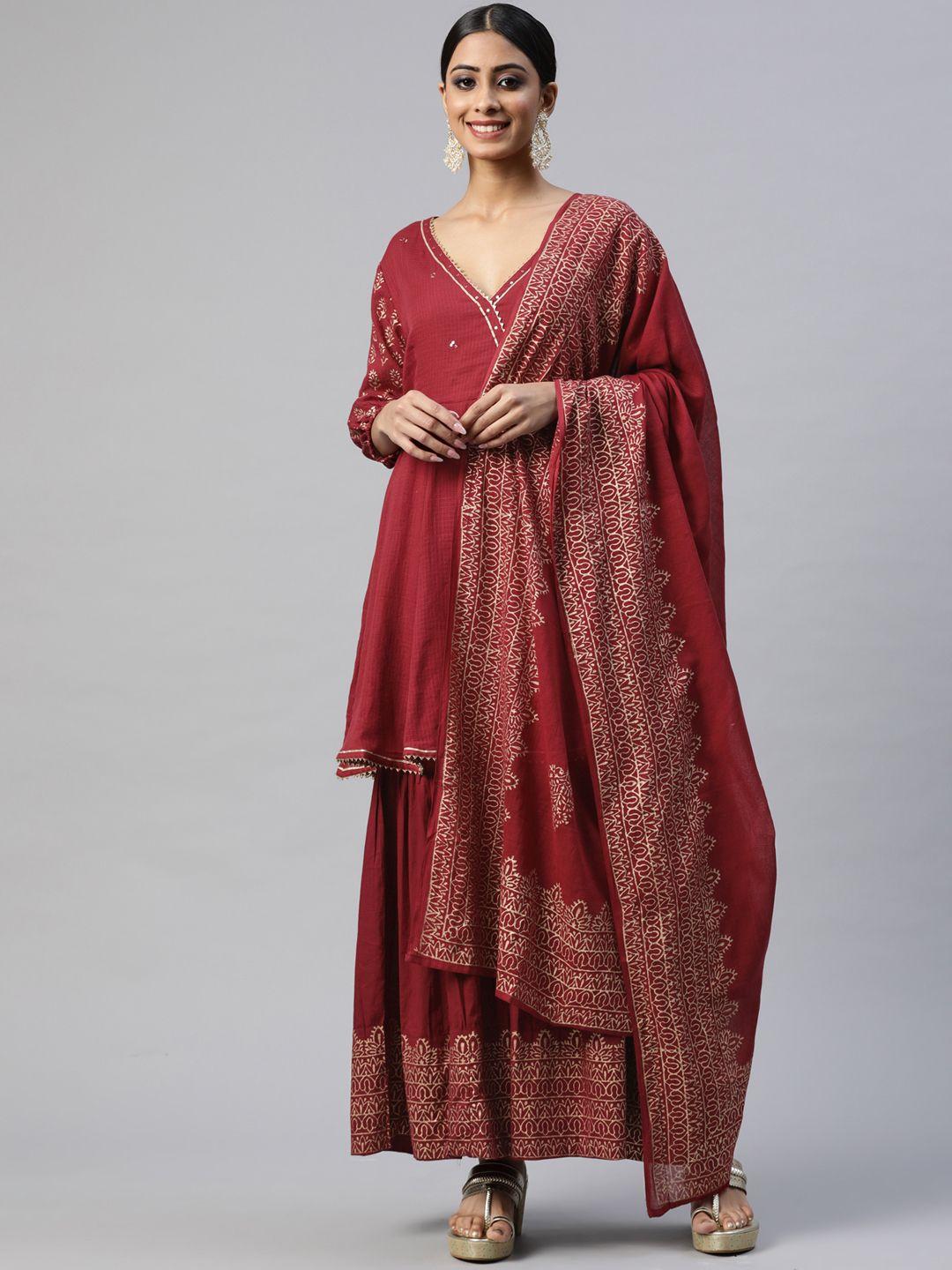 hatheli women maroon ethnic motifs printed angrakha sequinned pure cotton kurti with sharara & with dupatta