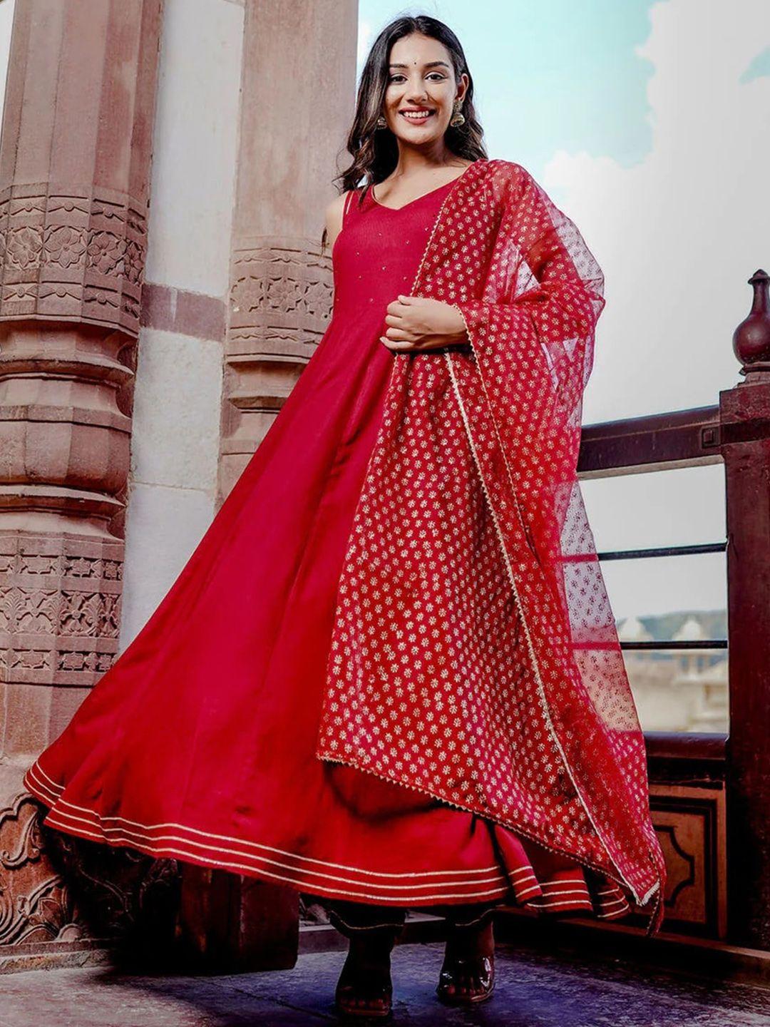 hatheli women maroon yoke design regular sequinned kurta with trousers & with dupatta