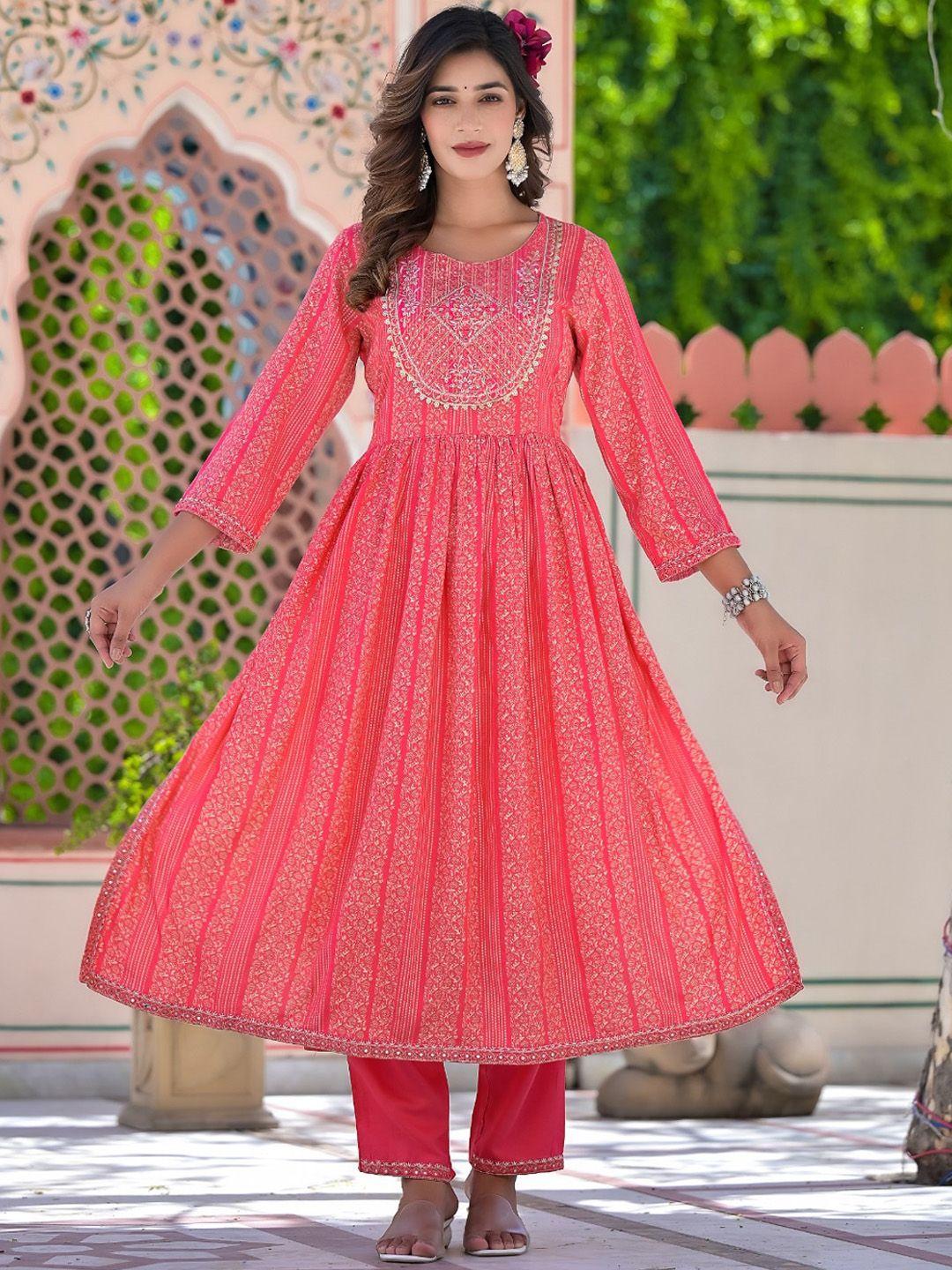 hatheli women pink ethnic motifs printed empire pure cotton kurta with trousers & with dupatta