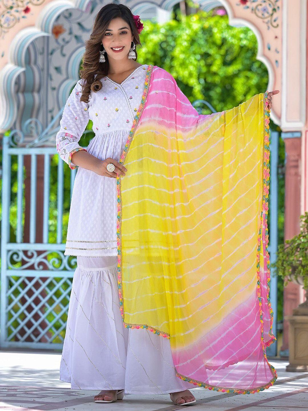 hatheli women white ethnic motifs angrakha thread work pure cotton kurta with sharara & with dupatta