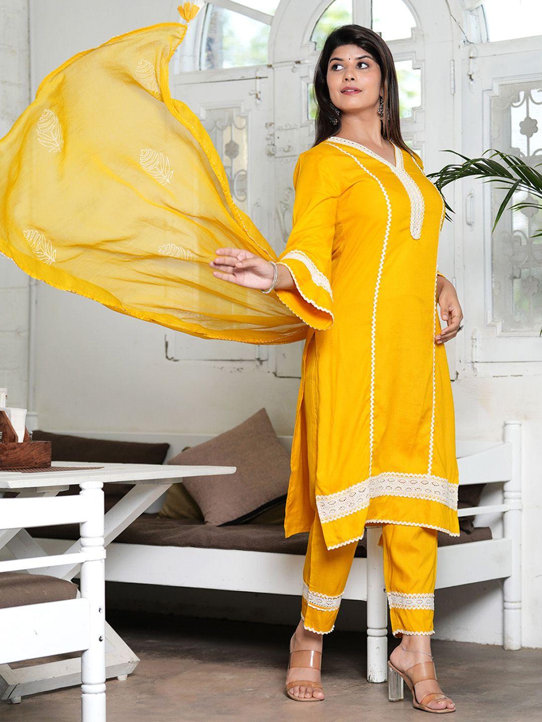 hatheli women yellow ethnic motifs regular thread work kurta with trousers & with dupatta