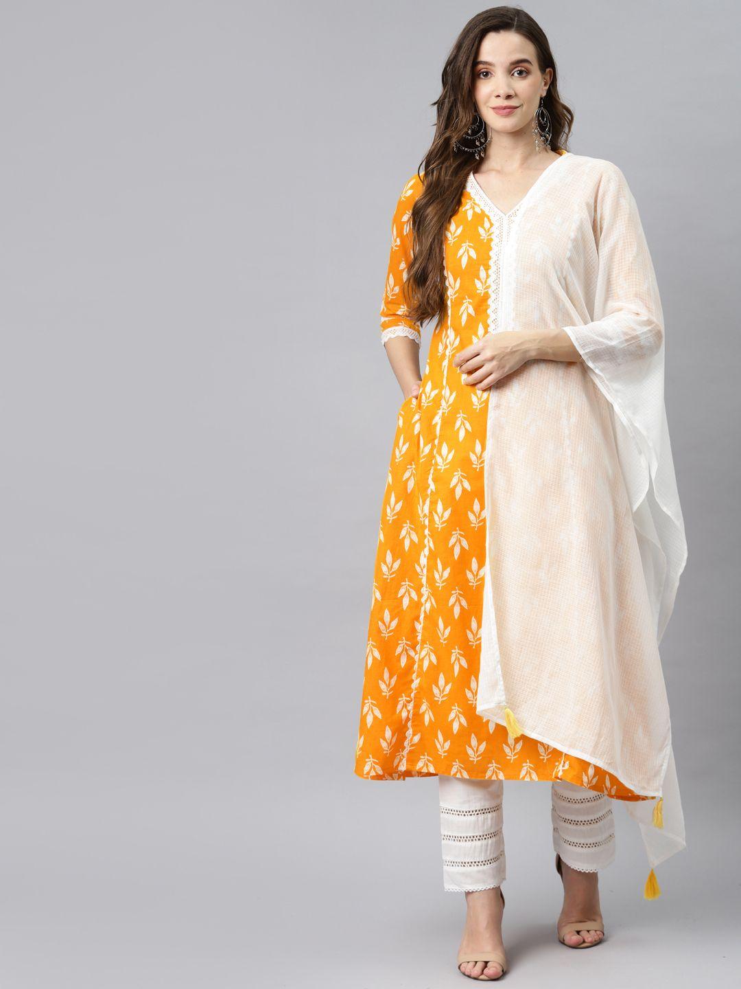 hatheli women yellow floral printed pure cotton kurta with palazzos & dupatta