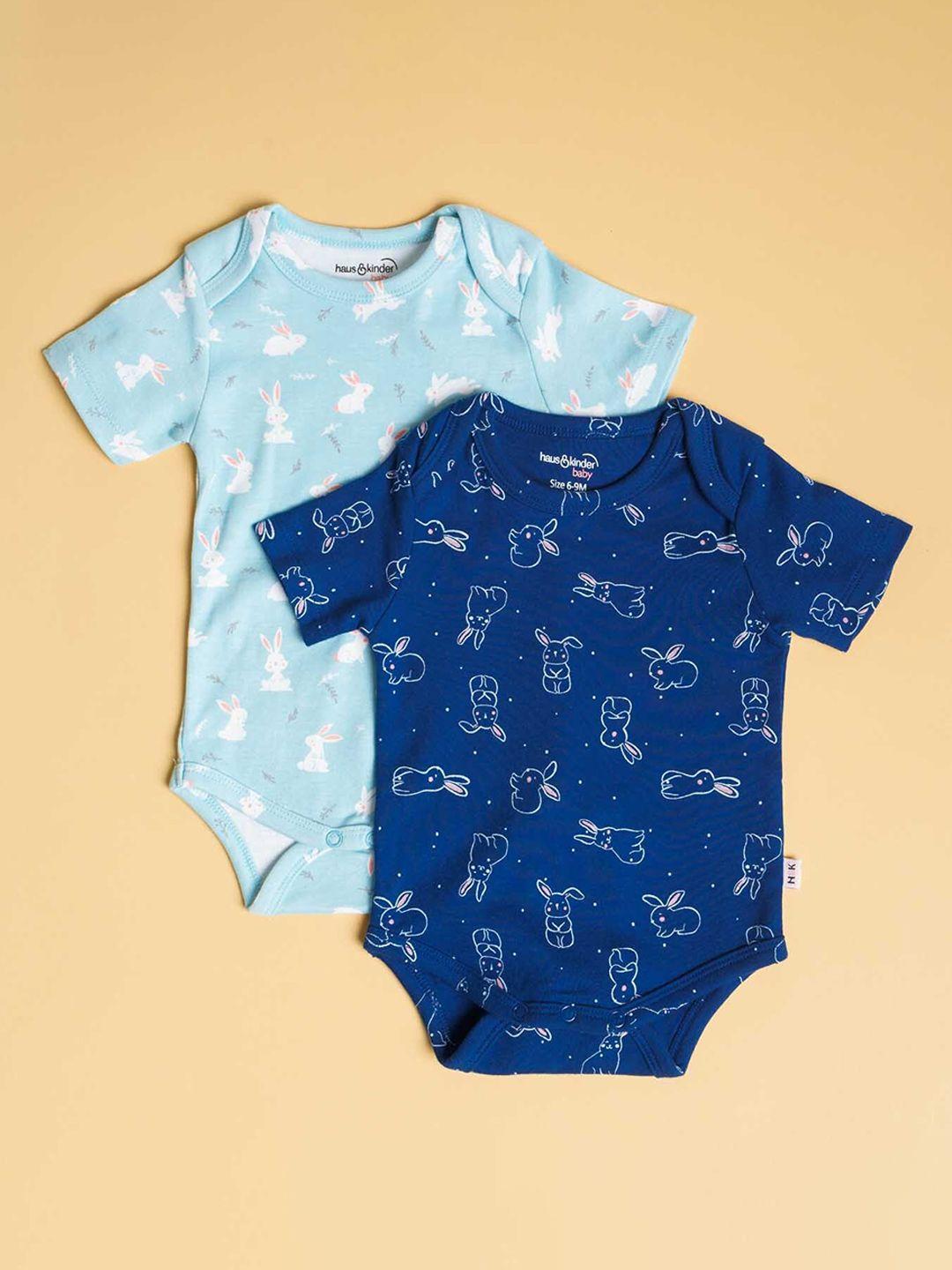 haus & kinder infant pack of 2 blue printed cotton rompers