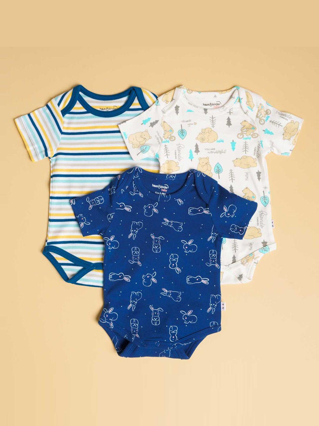 haus & kinder kids pack of 3 navy blue ,yellow printed  pure cotton rompers