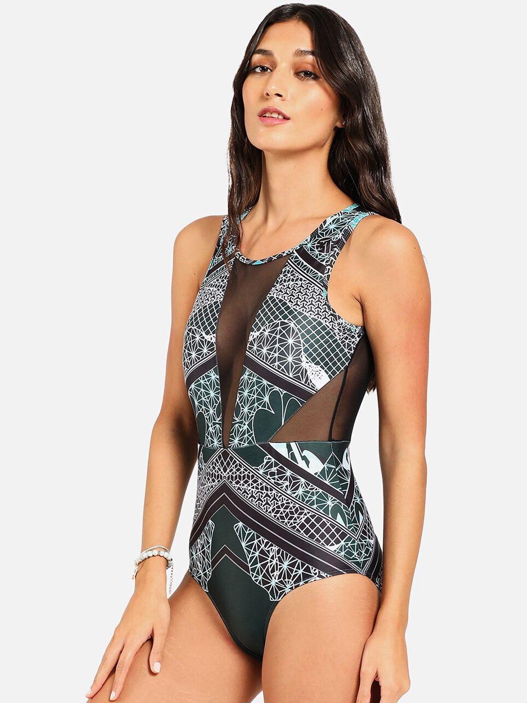 haute sauce by  campus sutra women black & white printed plunge body swimsuit