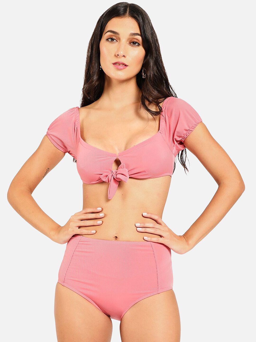 haute sauce by  campus sutra women pink solid swimwear