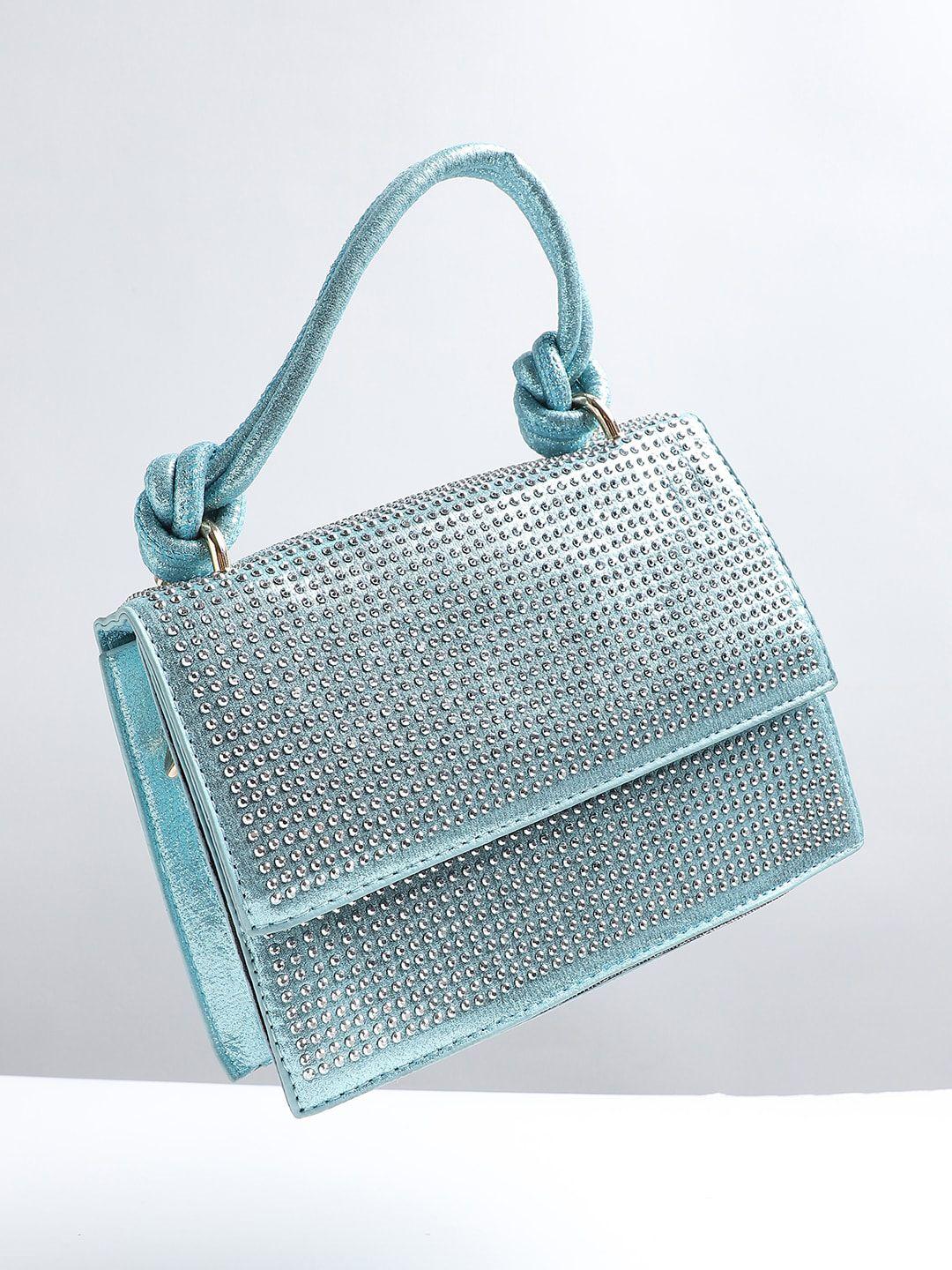 haute sauce by campus sutra blue textured structured handheld bag