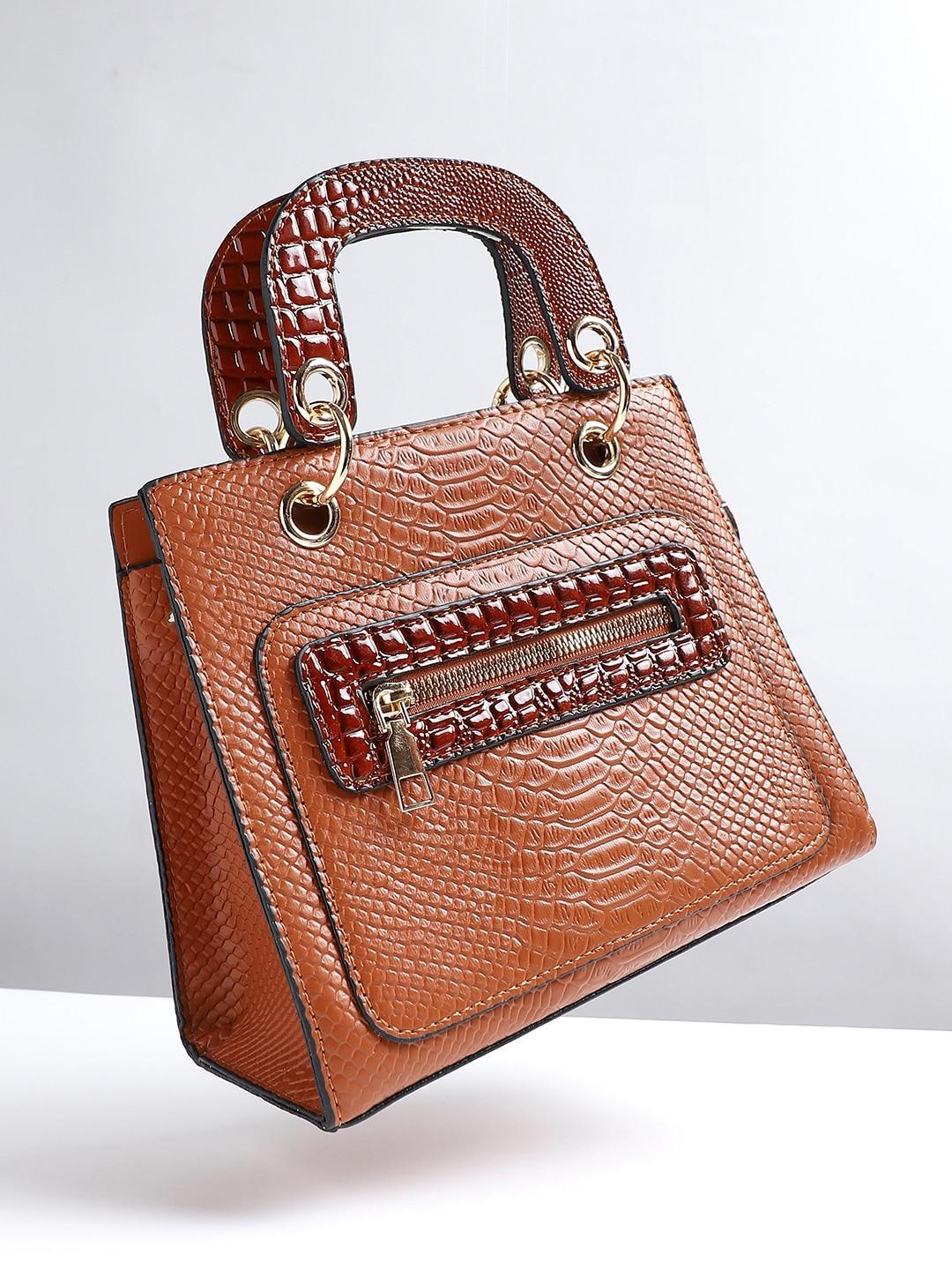 haute sauce by campus sutra brown animal structured handheld bag
