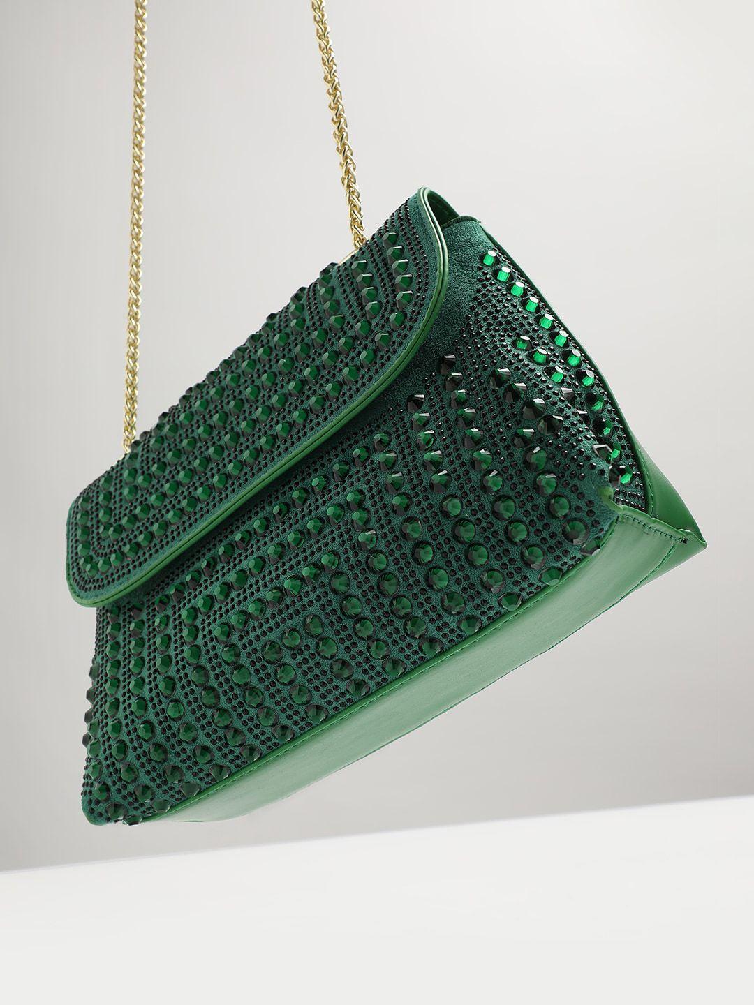 haute sauce by campus sutra green structured handheld bag with cut work