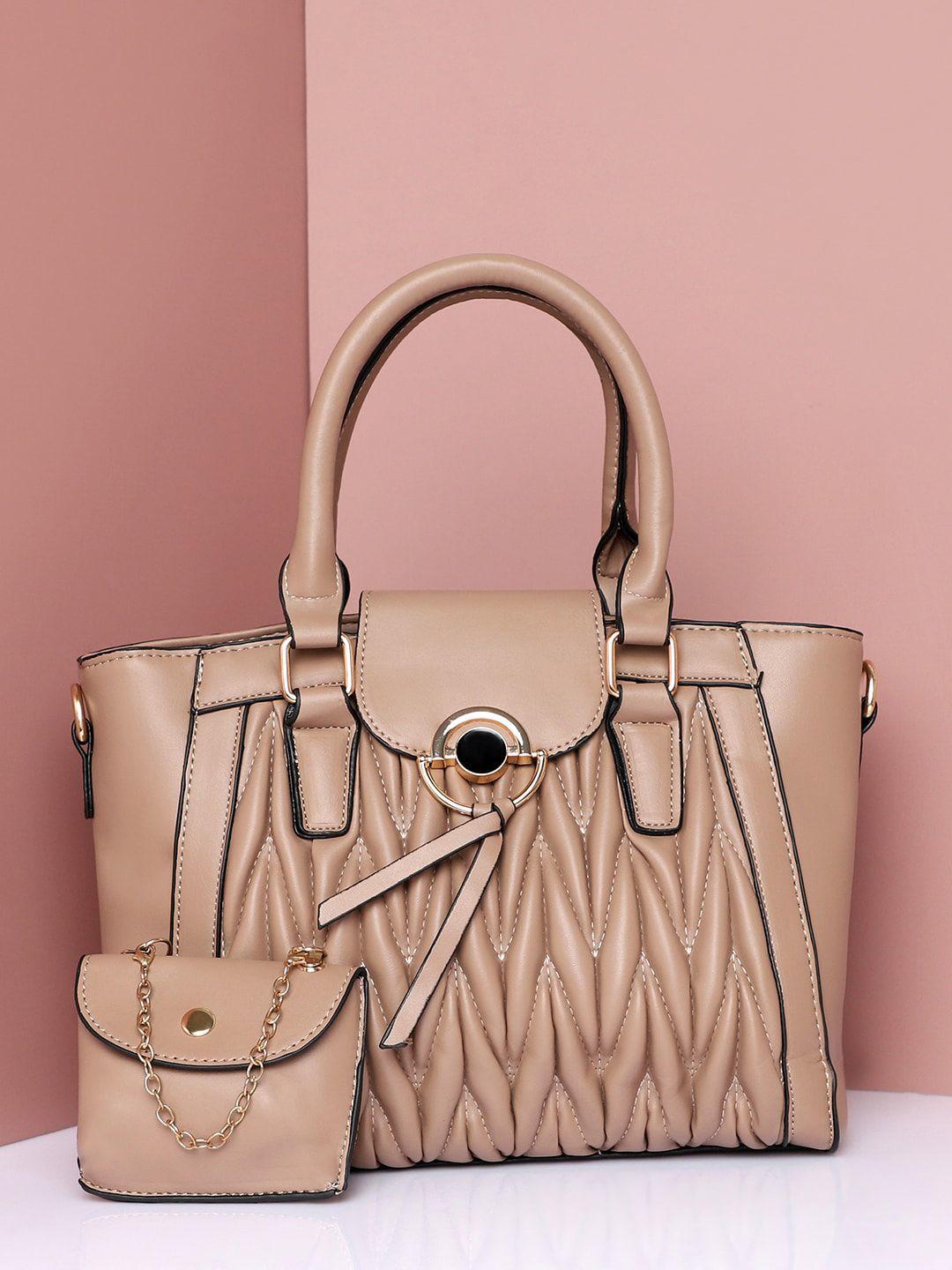 haute sauce by campus sutra nude-coloured textured structured handheld bag