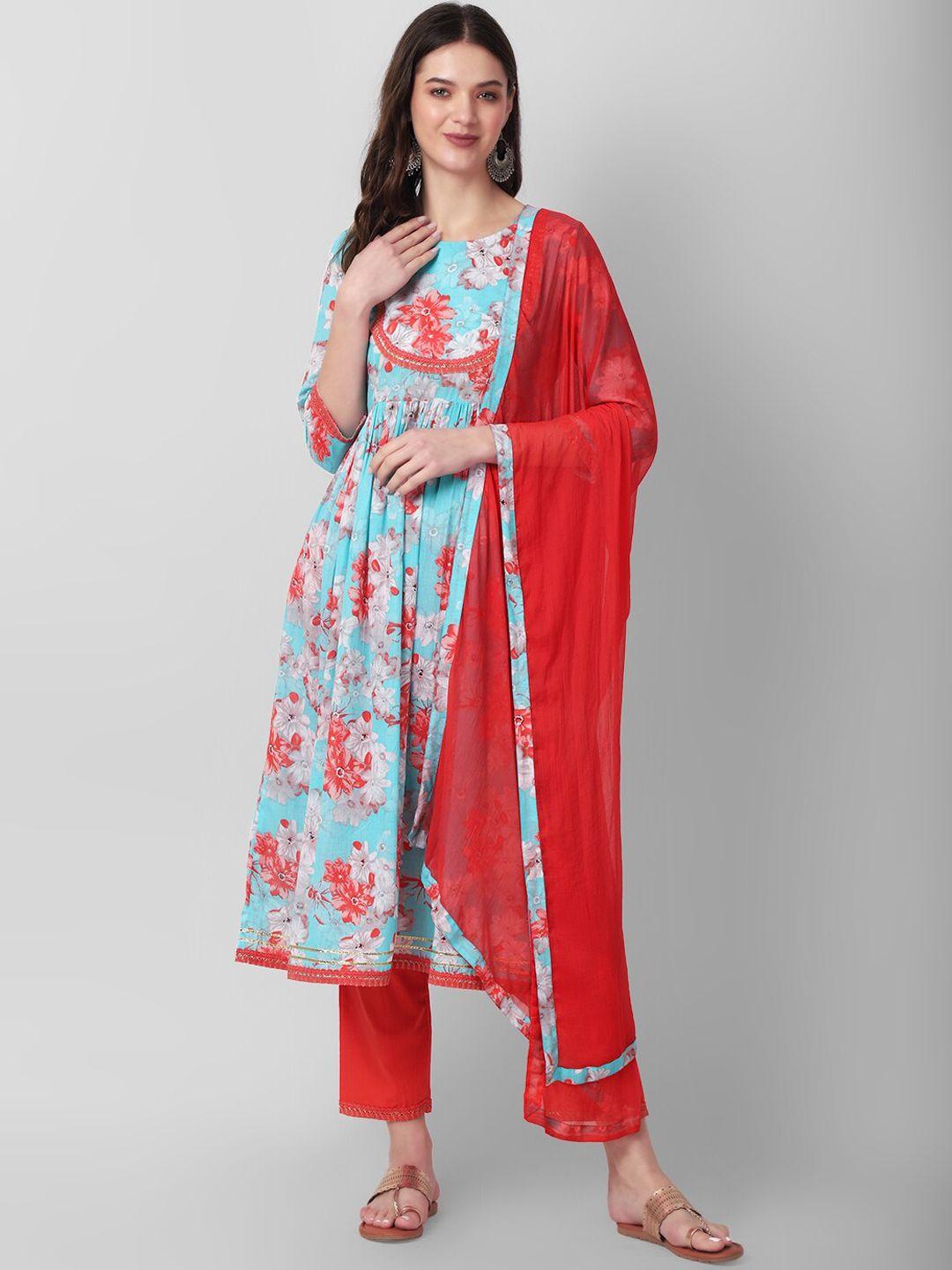 haute and humble floral printed empire pure cotton kurta with trousers & dupatta