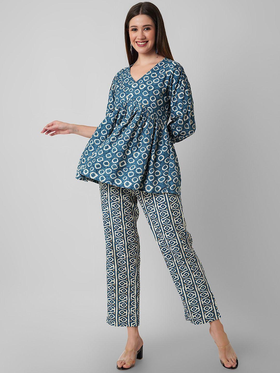 haute and humble geometric printed v-neck pure cotton tunic and trousers co-ords