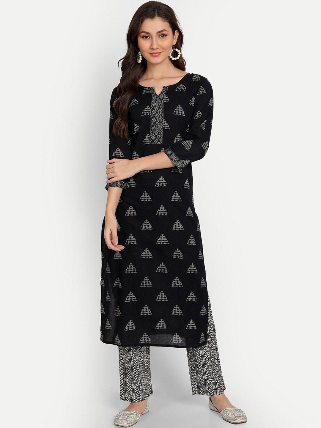 haute and humble women black ethnic motifs printed pure cotton kurta with trouser