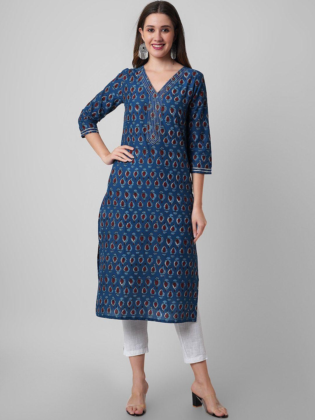 haute and humble women blue ethnic motifs printed thread work floral kurta