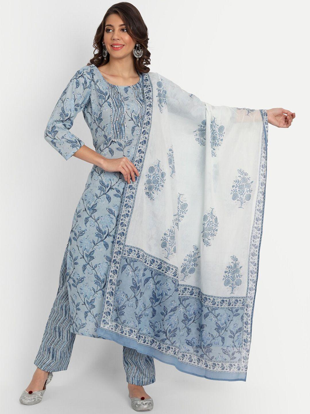 haute and humble women blue floral printed angrakha sequinned pure cotton kurti with sharara & with dupatta