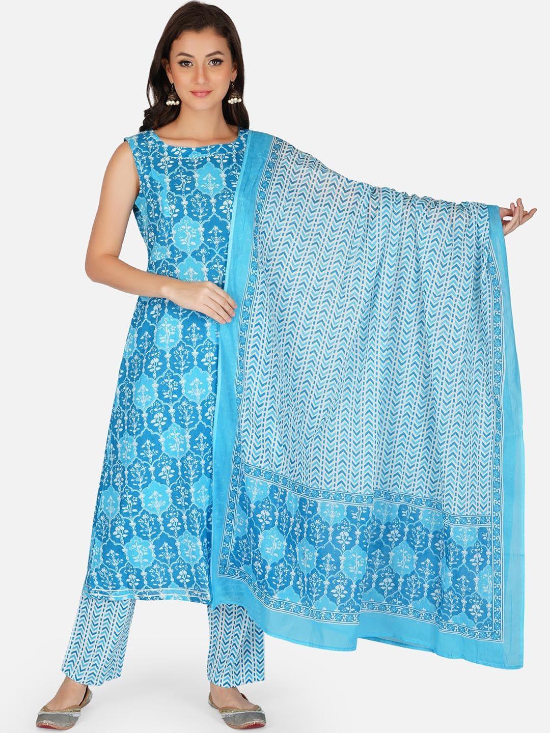 haute and humble women blue printed pure cotton kurta with trouser & with dupatta set