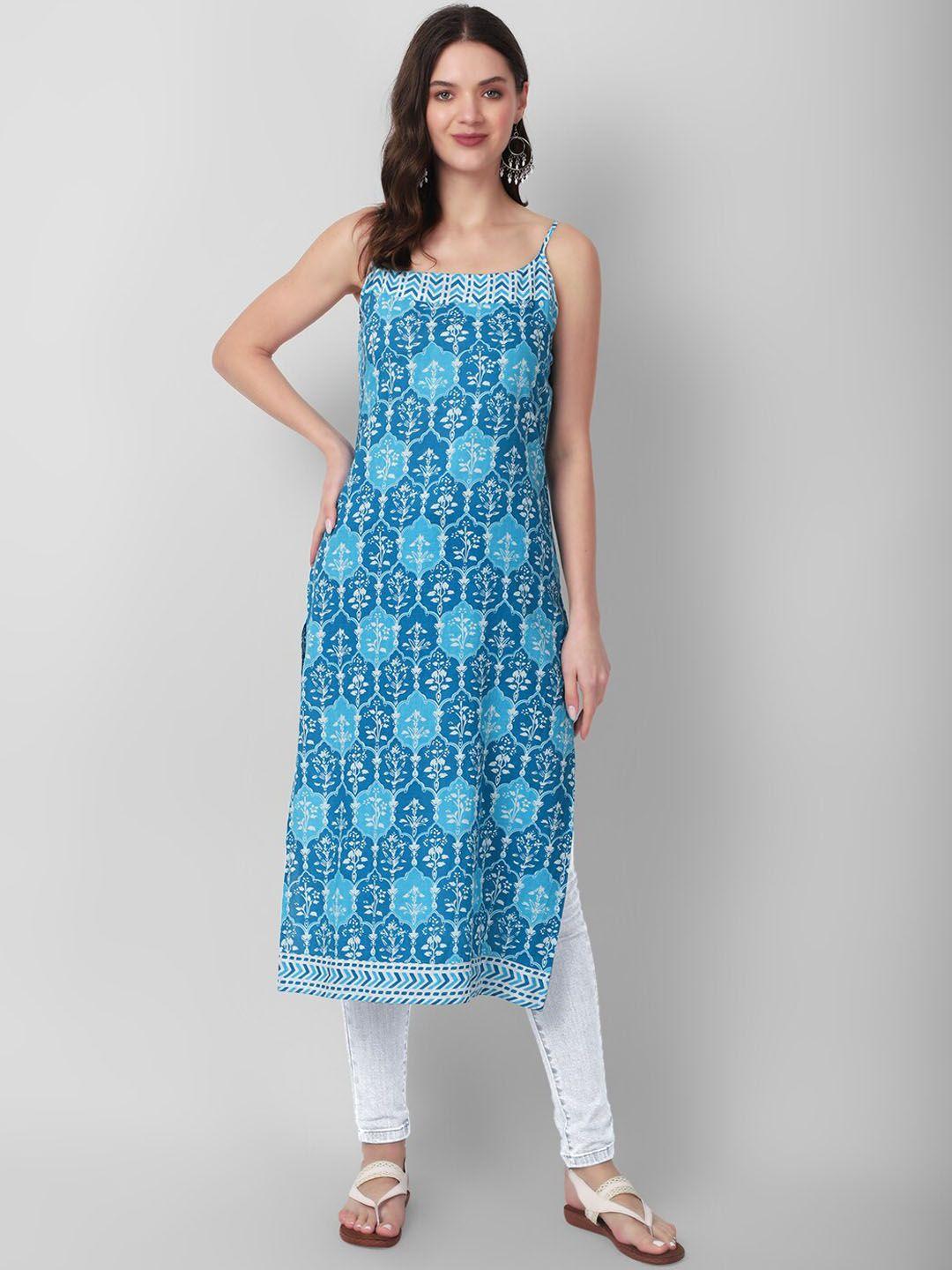 haute and humble women blue printed thread work floral kurta