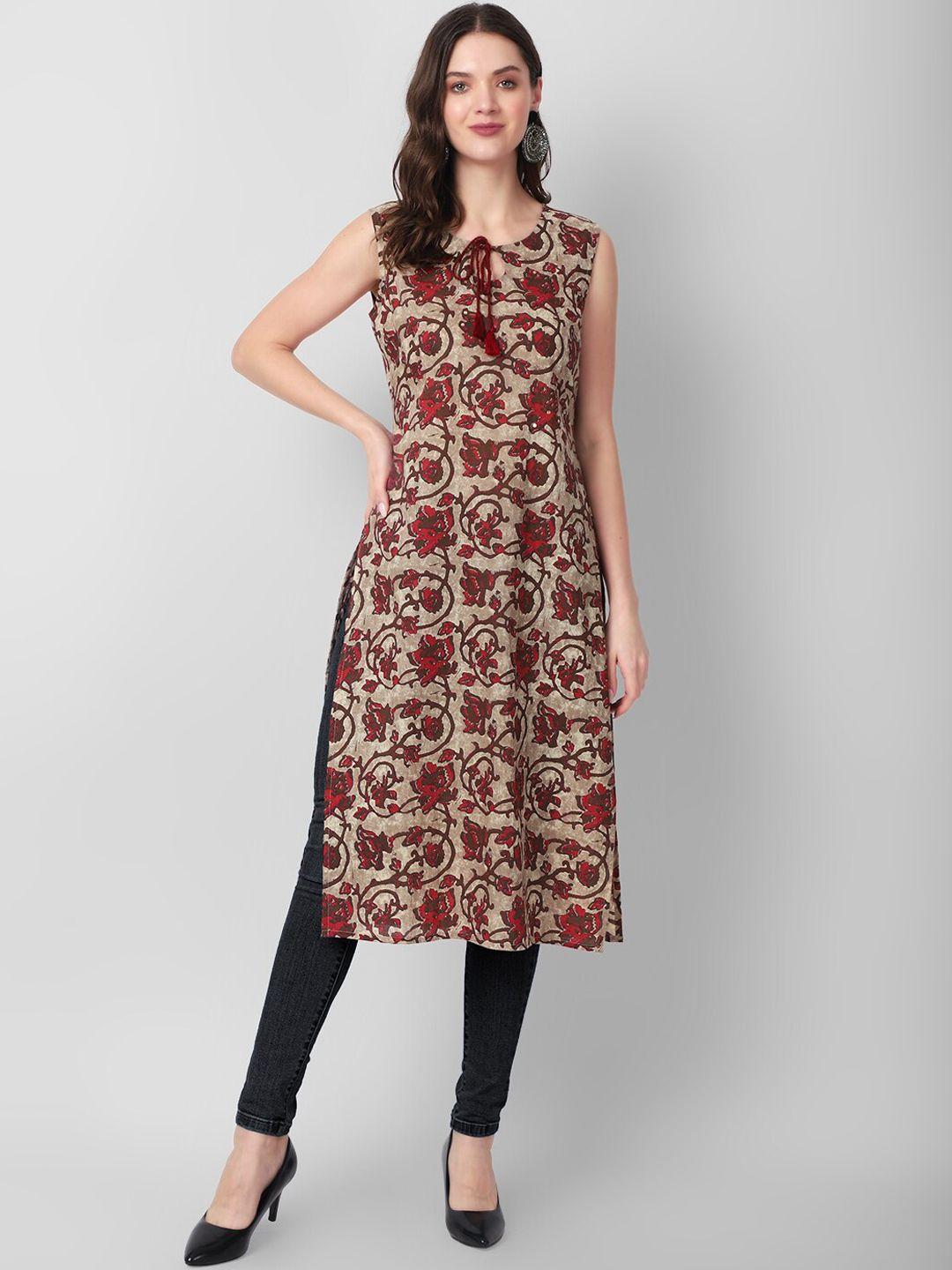 haute and humble women brown ethnic motifs printed keyhole neck mirror work quirky kurta