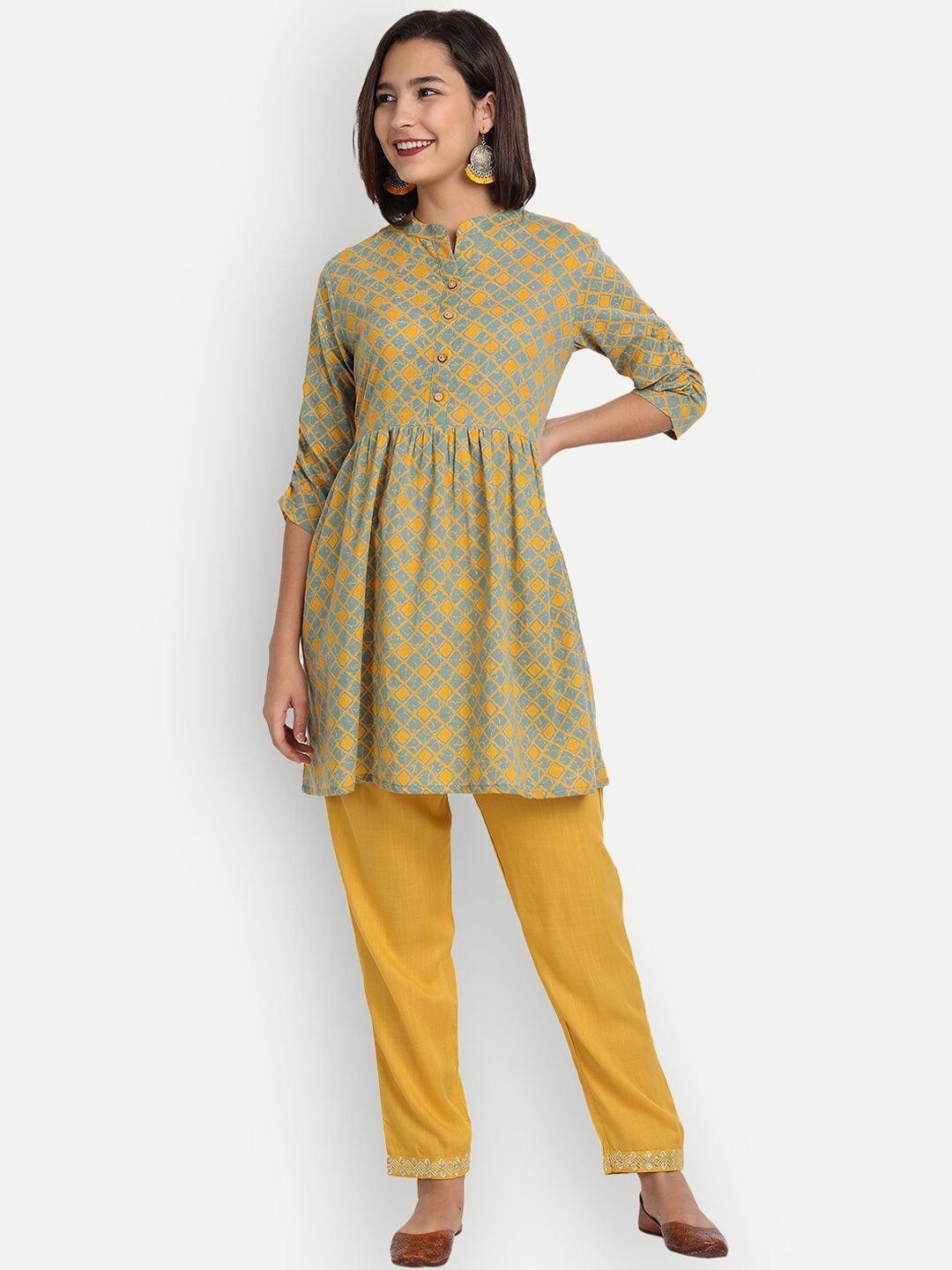 haute and humble women mustard yellow cotton geometric printed kurta