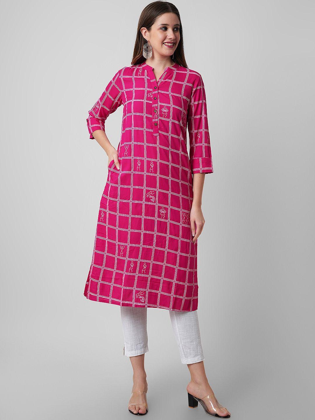 haute and humble women pink checked thread work quirky kurta
