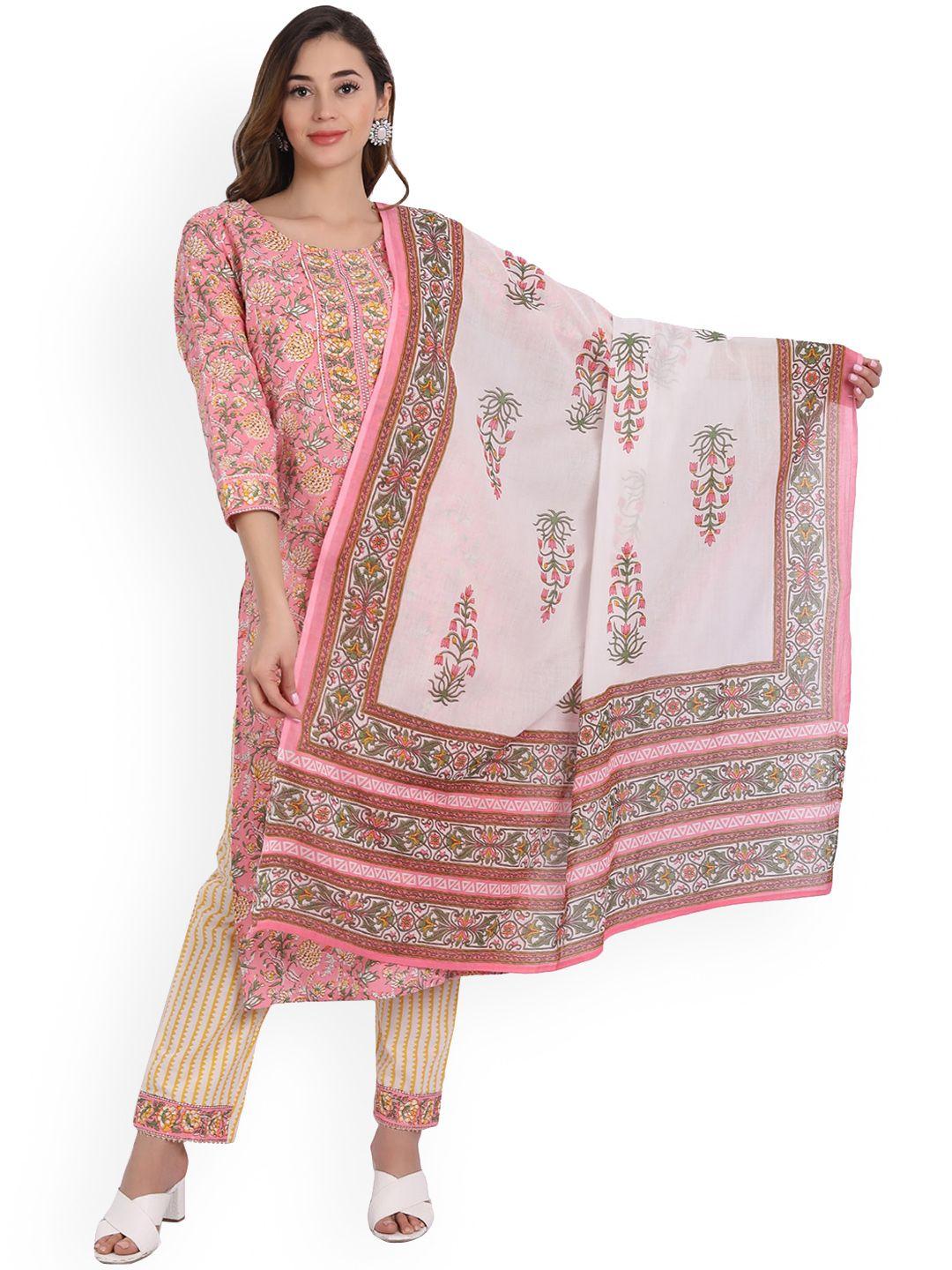 haute and humble women pink printed pure cotton kurta, trousers & with dupatta