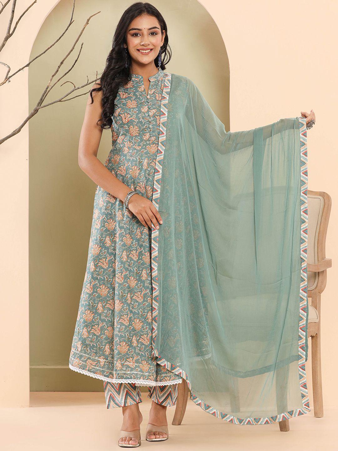 haute and humble women turquoise blue floral printed regular kantha work pure cotton kurta with trousers &