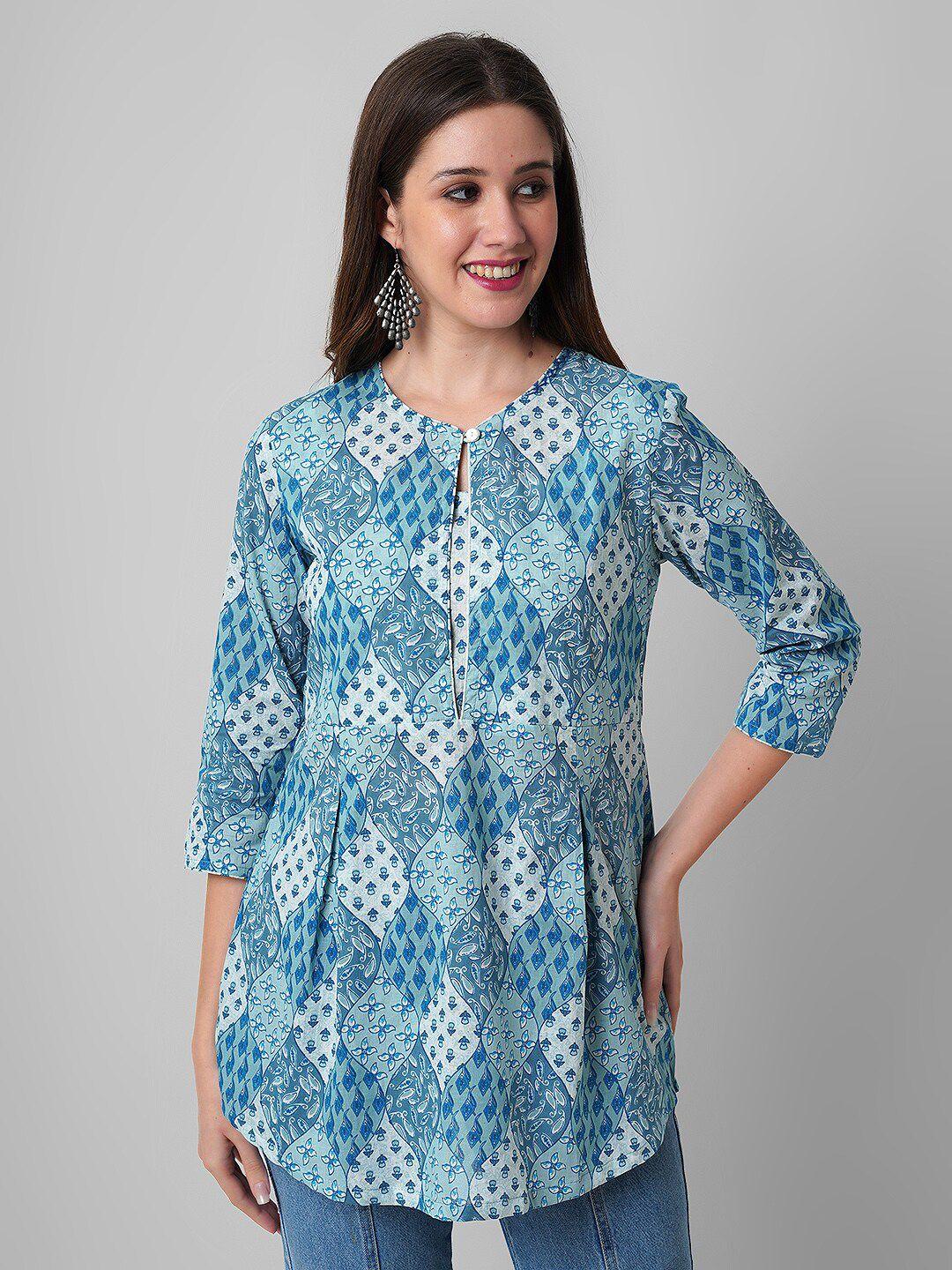 haute and humbleethnic motifs printed cotton longline a-line pure cotton top