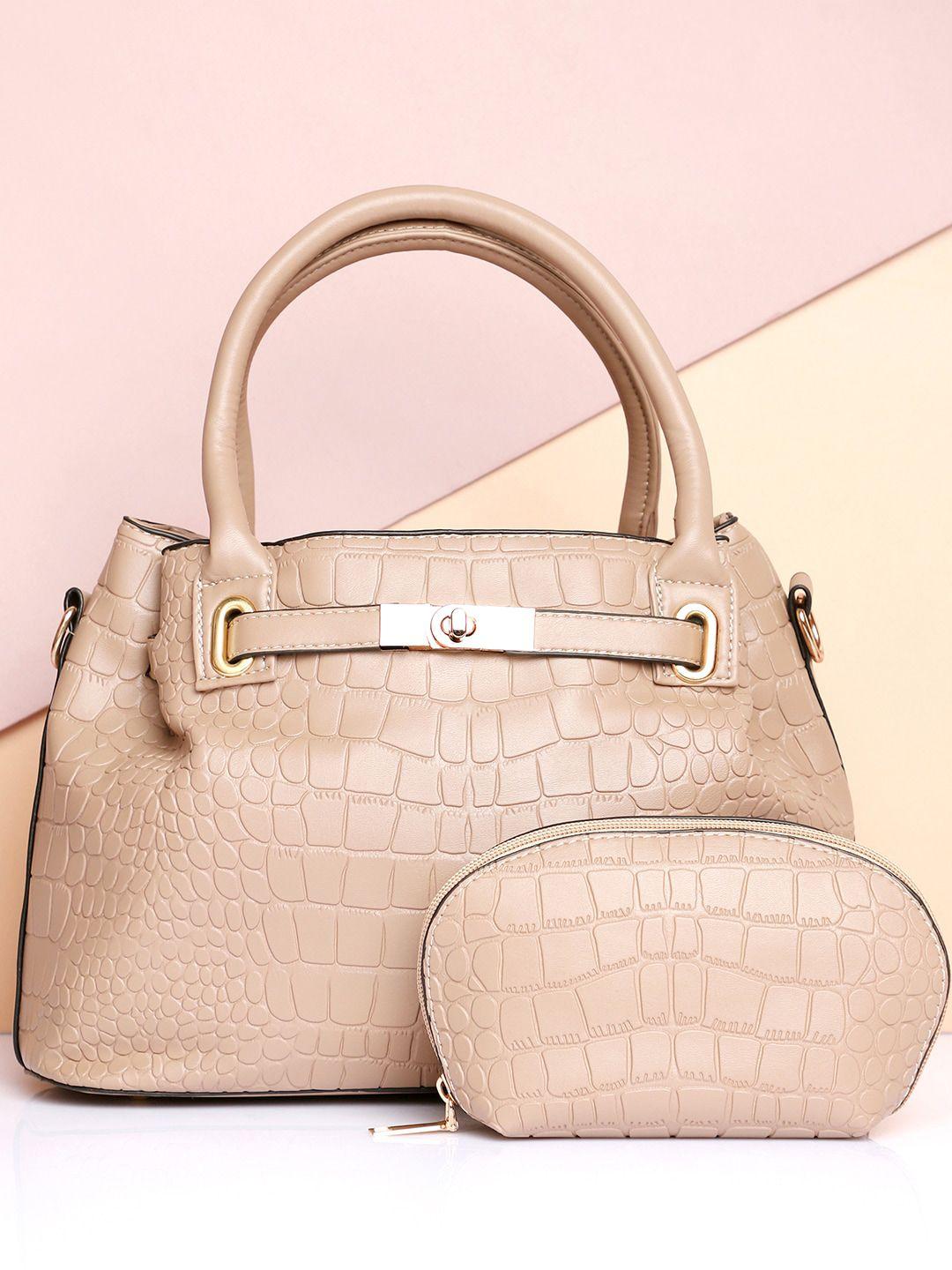 haute sauce by  campus sutra beige textured structured handheld bag