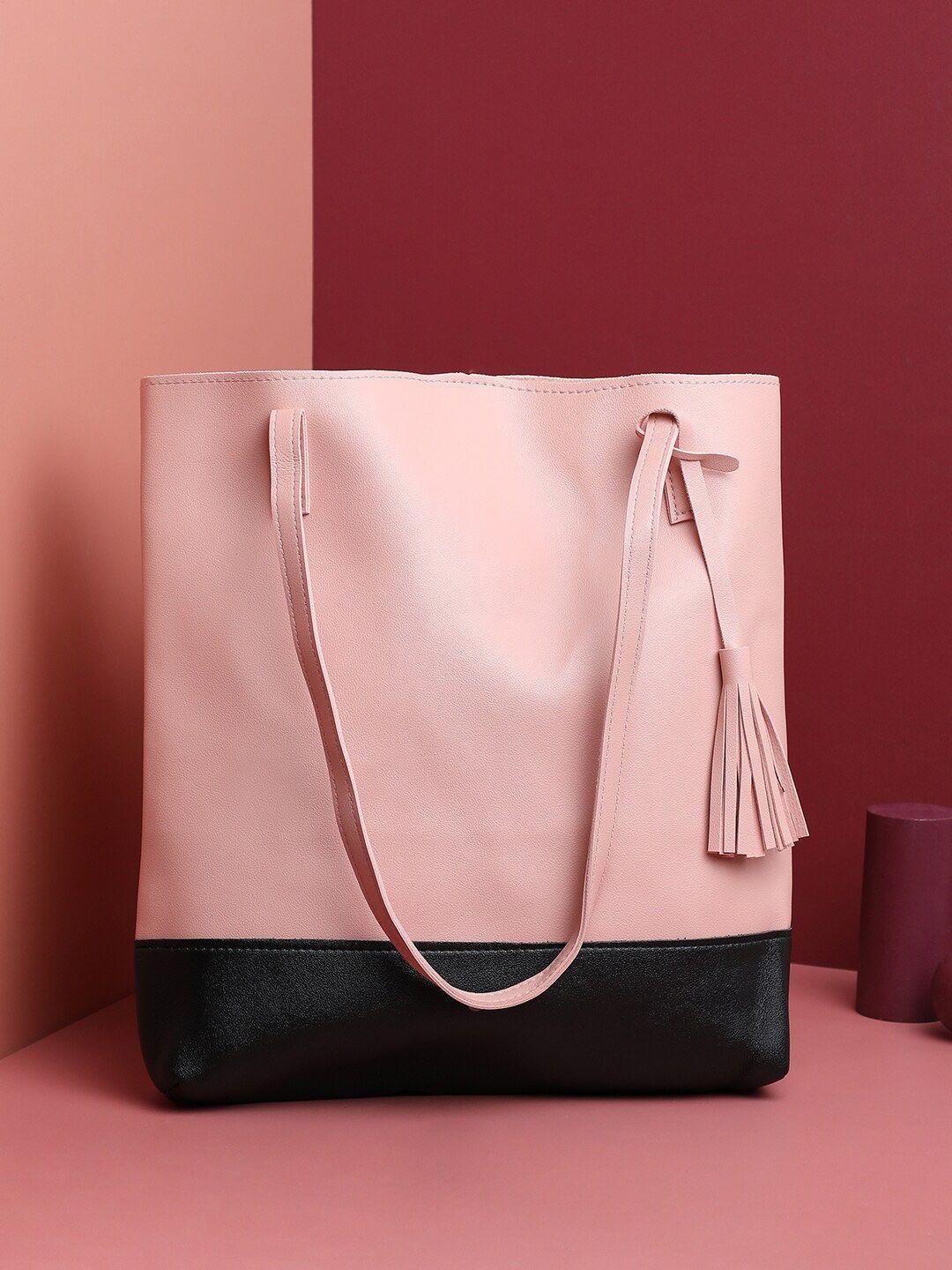 haute sauce by  campus sutra pink colourblocked pu structured tote bag with tasselled