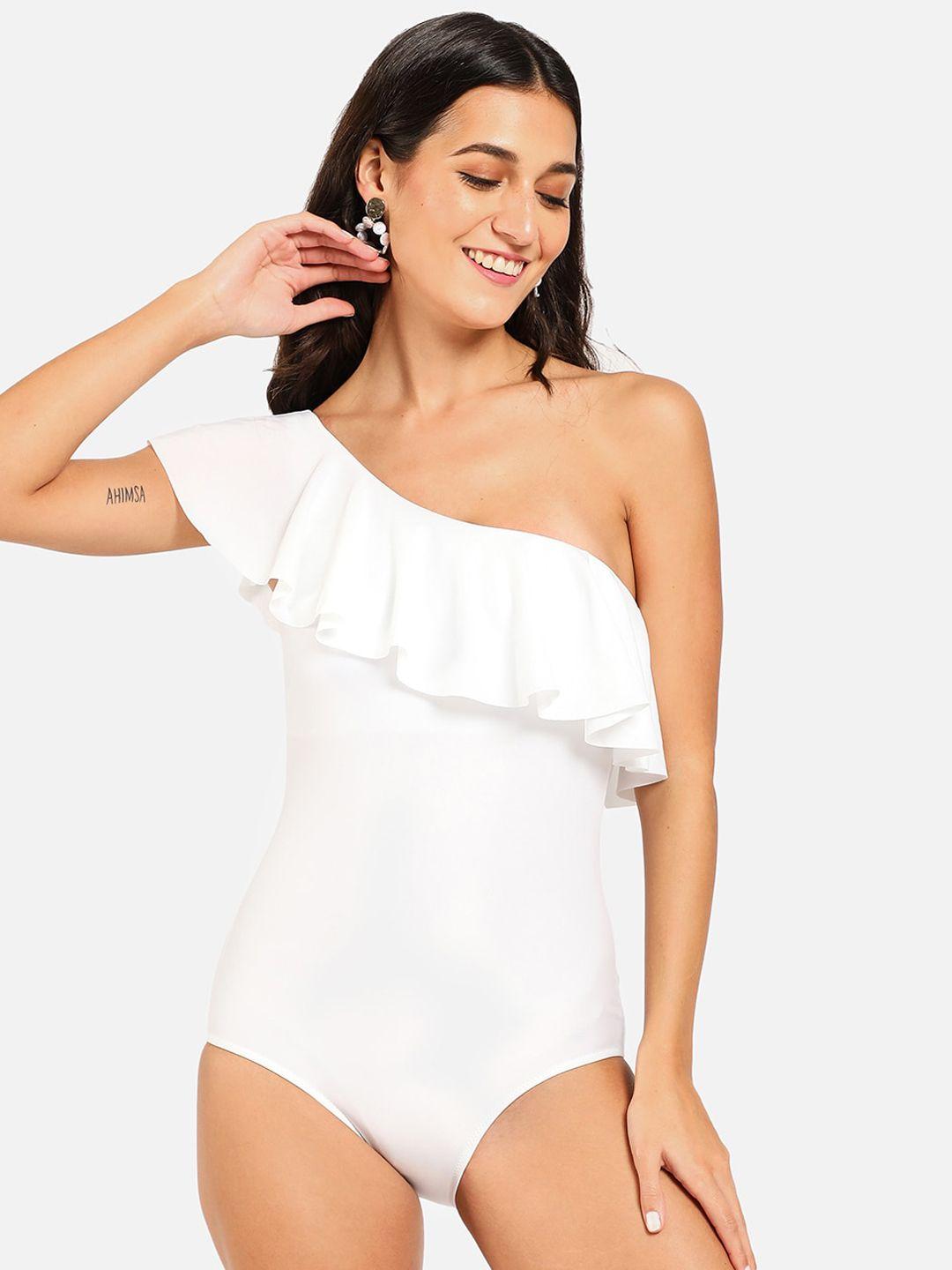 haute sauce by  campus sutra ruffle one shoulder neck bodysuit