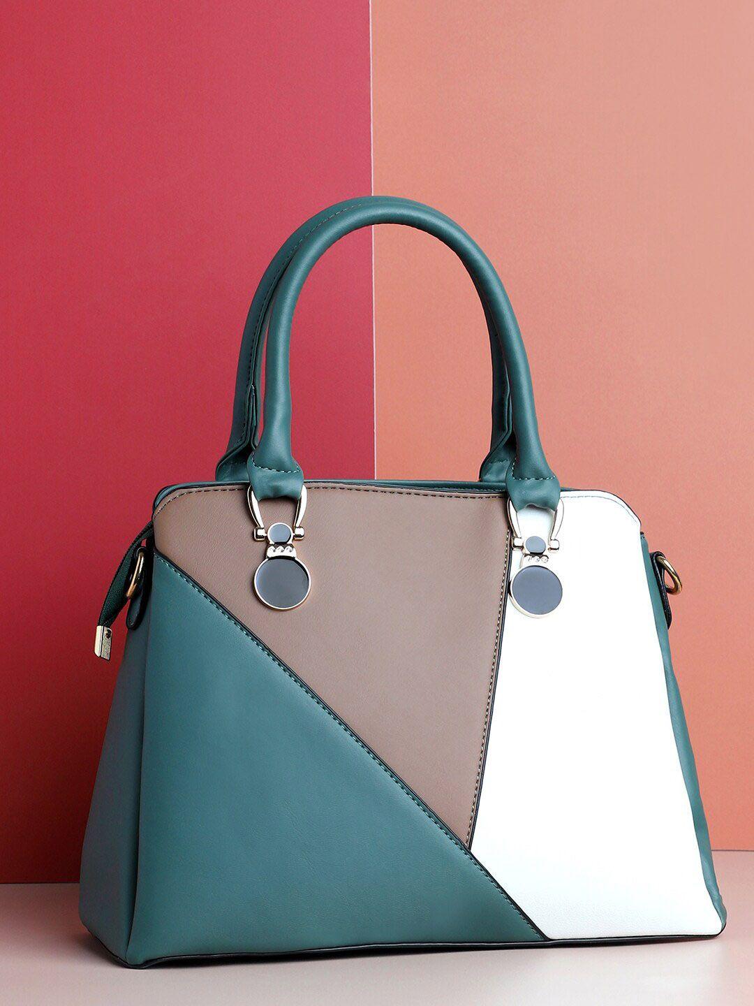 haute sauce by  campus sutra teal colourblocked structured handheld bag