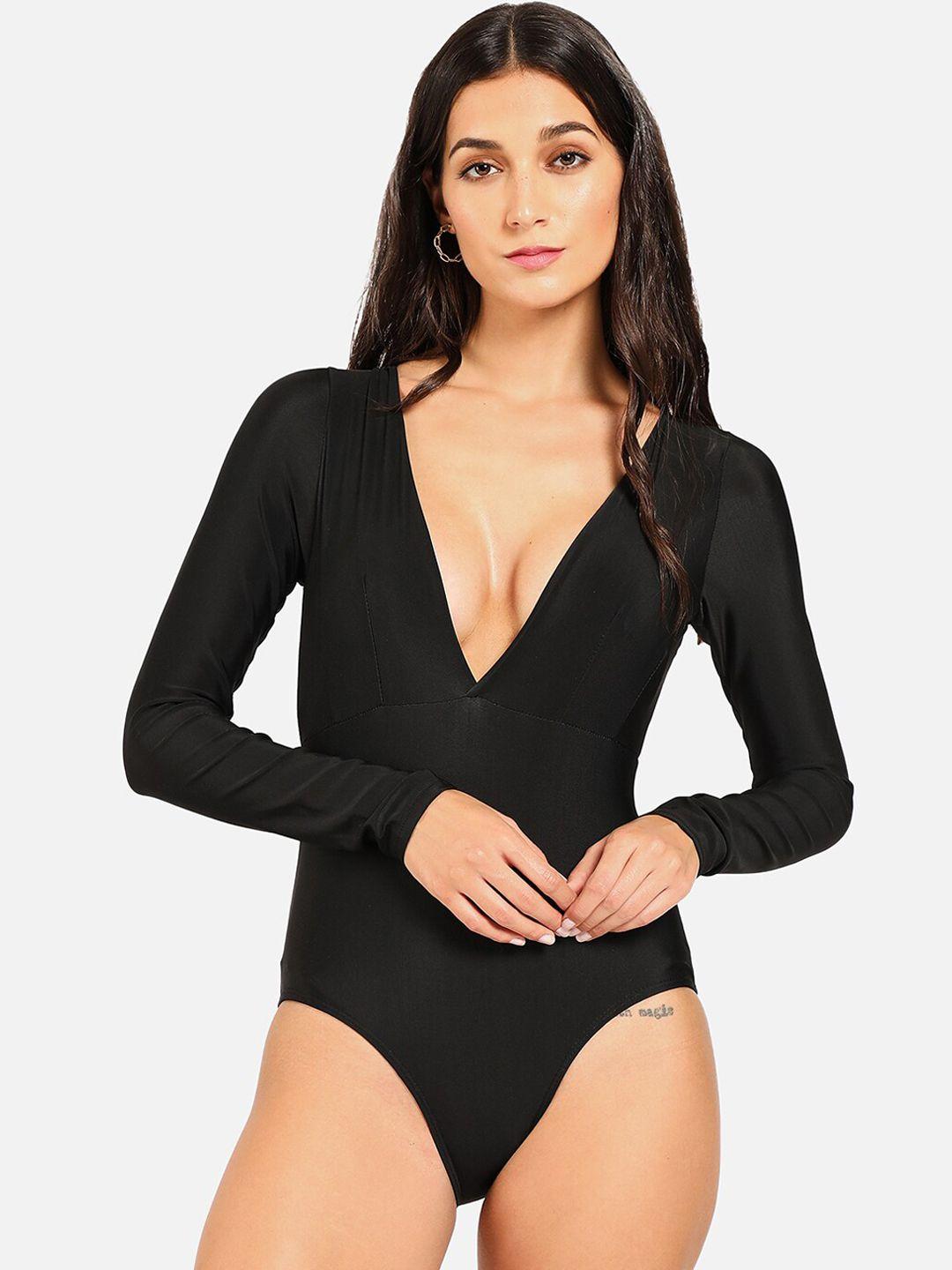 haute sauce by  campus sutra women black  solid plunge body swimsuit